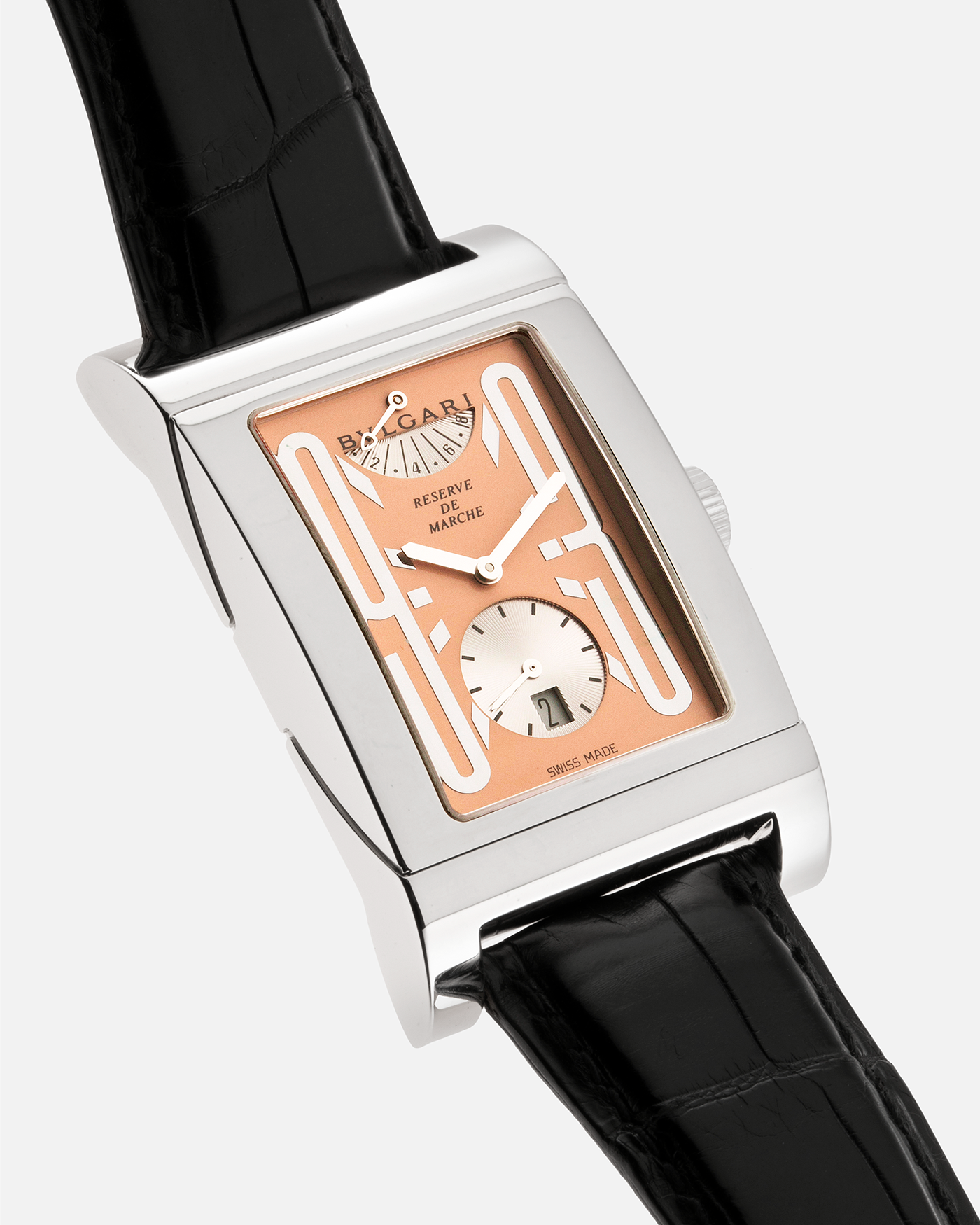 Brand: Bulgari Year: 2001 Model: Rettangolo Reserve de Marche, Limited Edition of 99 pieces Material: Platinum 950 Movement: Bulgari Cal. 115, Made by Parmigiani Case Diameter: 29mm x 48mm Bracelet/Strap: Bulgari Black Alligator Leather Strap with Signed Platinum Deployant Clasp