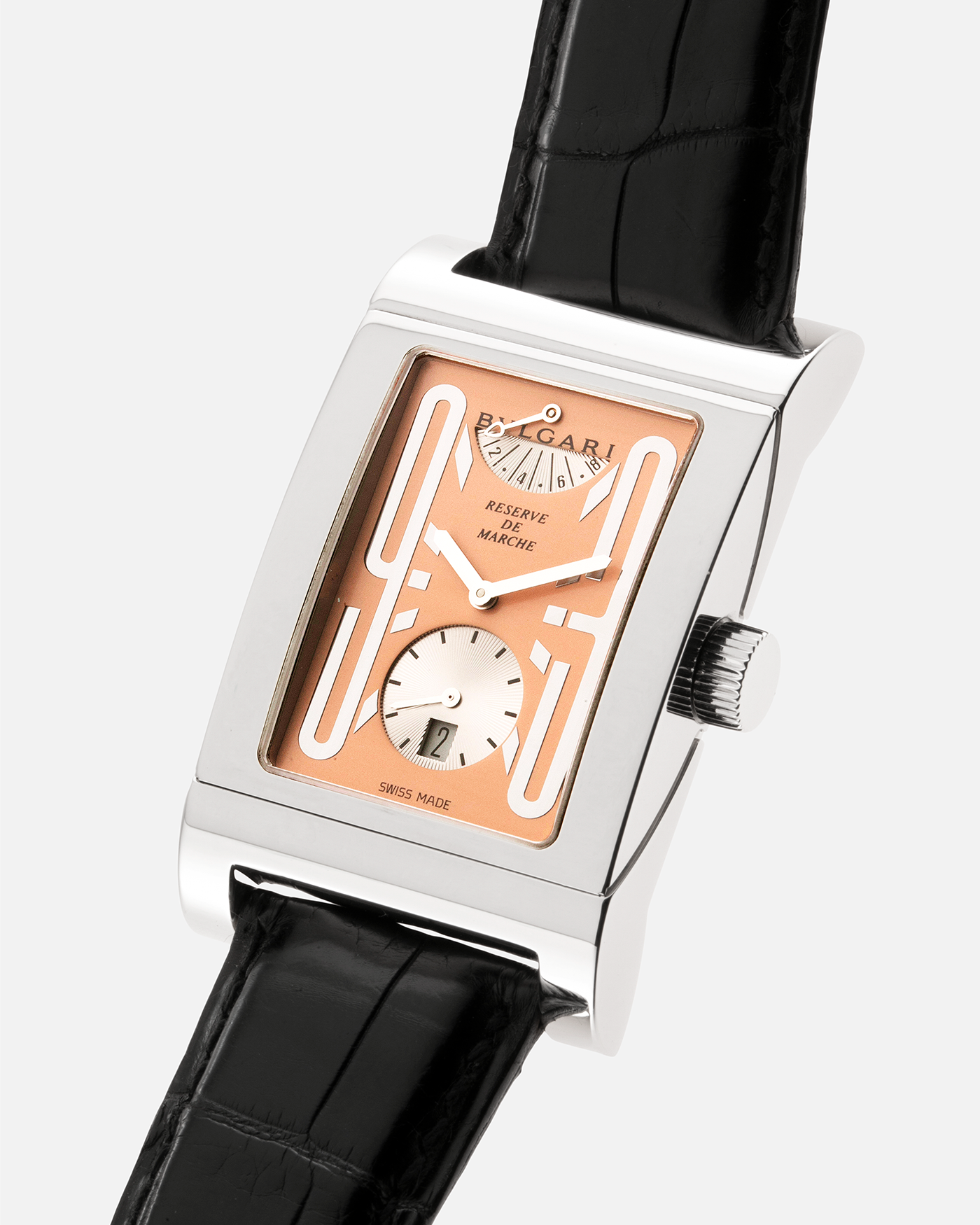 Brand: Bulgari Year: 2001 Model: Rettangolo Reserve de Marche, Limited Edition of 99 pieces Material: Platinum 950 Movement: Bulgari Cal. 115, Made by Parmigiani Case Diameter: 29mm x 48mm Bracelet/Strap: Bulgari Black Alligator Leather Strap with Signed Platinum Deployant Clasp