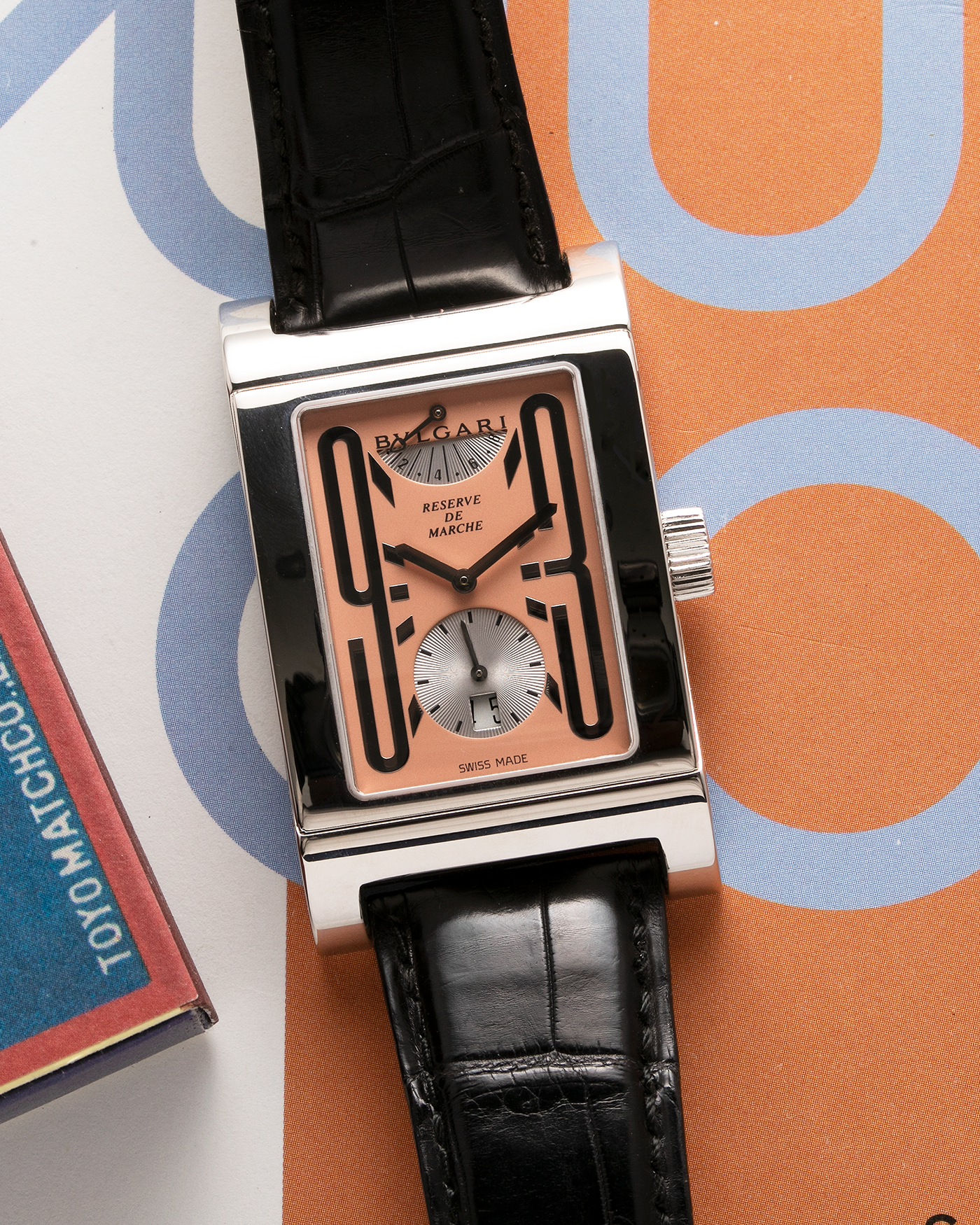 Brand: Bulgari Year: 2001 Model: Rettangolo Reserve de Marche, Limited Edition of 99 pieces Material: Platinum 950 Movement: Bulgari Cal. 115, Made by Parmigiani Case Diameter: 29mm x 48mm Bracelet/Strap: Bulgari Black Alligator Leather Strap with Signed Platinum Deployant Clasp