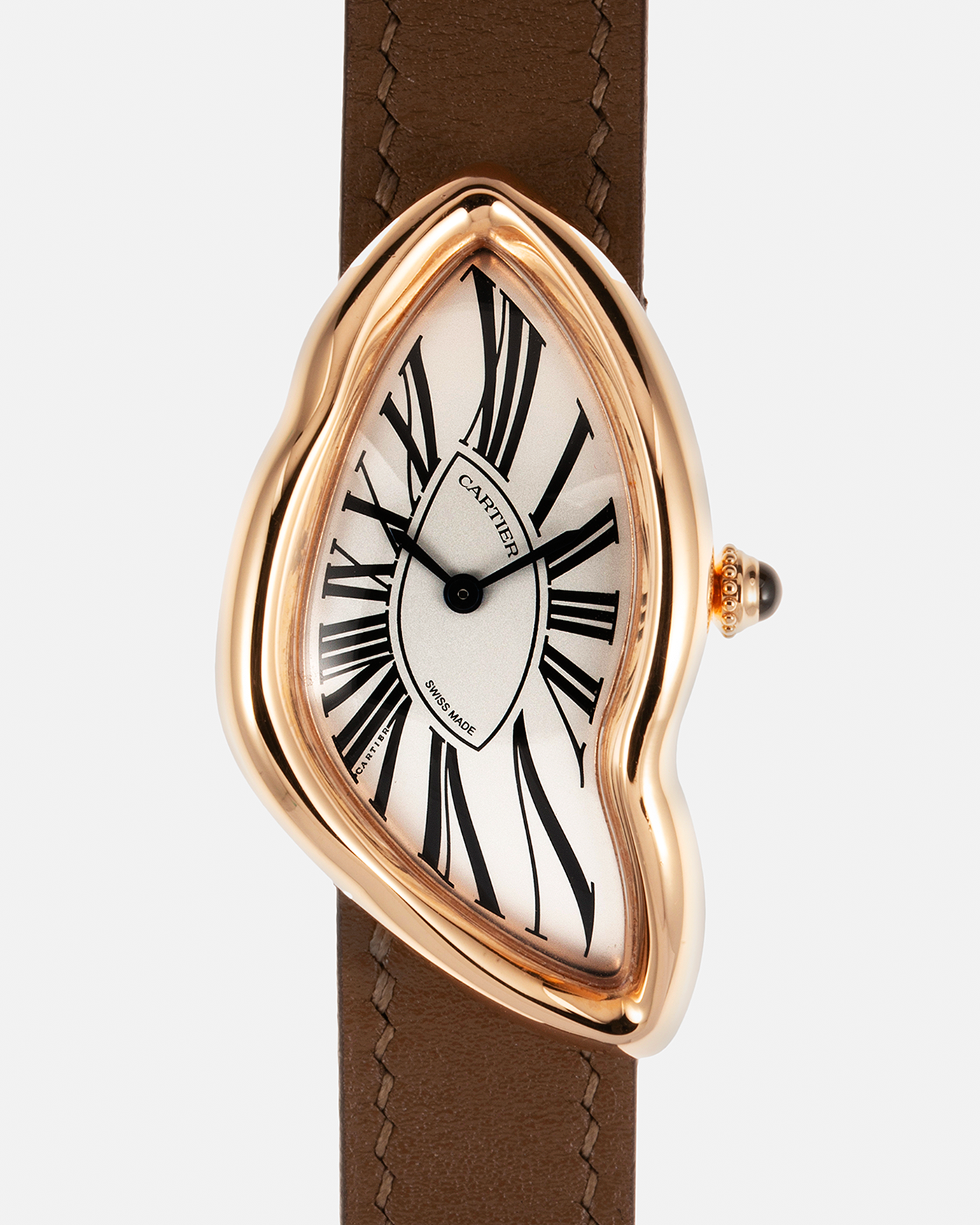 Brand: Cartier Year: 2023 Model: Crash Reference Number: WGCH0031, New Special Order Material: 18-carat Rose Gold Movement: Cartier Cal. 1917 MC, Manual-Winding Case Diameter: 42mm x 24mm (Asymmetrical Case) Strap: Cartier Tanned Leather Strap with Signed 18-carat Rose Gold Deployant Clasp, additional Woohoo Time Taupe Leather Strap