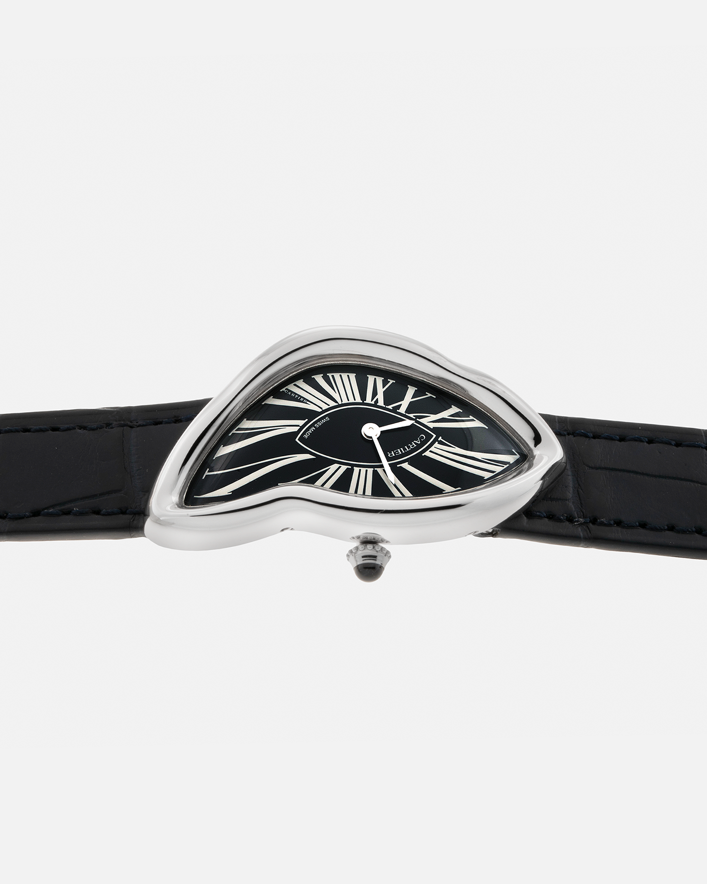 Brand: Cartier Year: 2023 Model: Crash Reference Number: WGCH0080, New Special Order Material: 18-carat White Gold (Rhodium Plated) Movement: Cartier Cal. 1917 MC, Manual-Winding Case Dimensions: 42mm x 24mm (Asymmetrical Case) Strap: Cartier Black Alligator Strap with Signed 18-carat White Gold ‘Crash’ Deployant Buckle