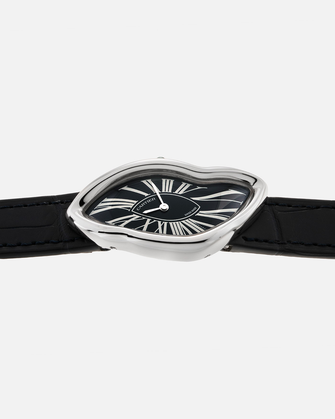 Brand: Cartier Year: 2023 Model: Crash Reference Number: WGCH0080, New Special Order Material: 18-carat White Gold (Rhodium Plated) Movement: Cartier Cal. 1917 MC, Manual-Winding Case Dimensions: 42mm x 24mm (Asymmetrical Case) Strap: Cartier Black Alligator Strap with Signed 18-carat White Gold ‘Crash’ Deployant Buckle