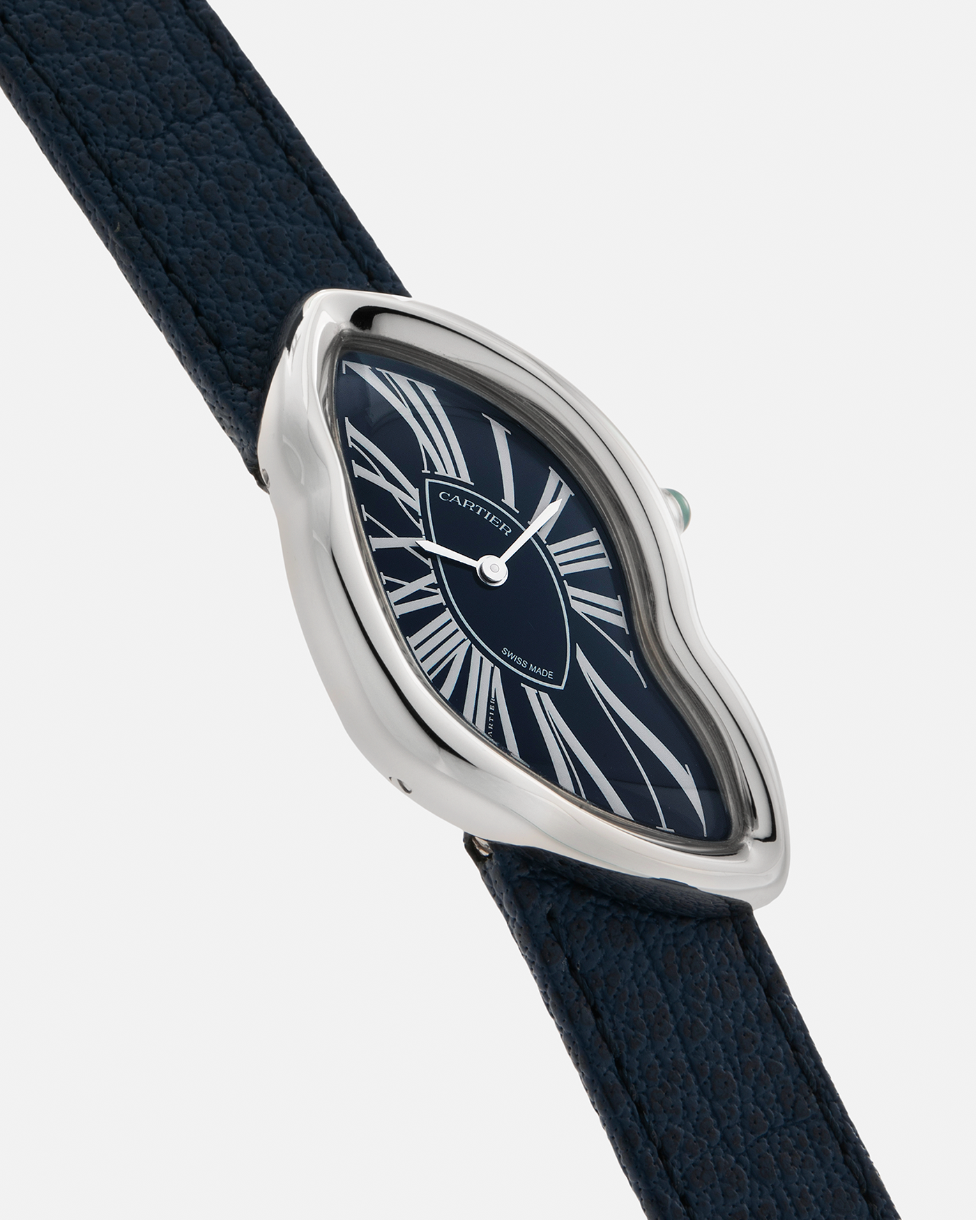 Brand: Cartier Year: 2022 Model: Crash Reference Number: WGCH0080, New Special Order Material: 18-carat White Gold (Rhodium Plated) Movement: Cartier Cal. 1917 MC, Manual-Winding Case Dimensions: 42mm x 24mm (Asymmetrical Case) Strap: Cartier Navy Blue Alligator Strap with Signed 18-carat White Gold ‘Crash’ Deployant Buckle