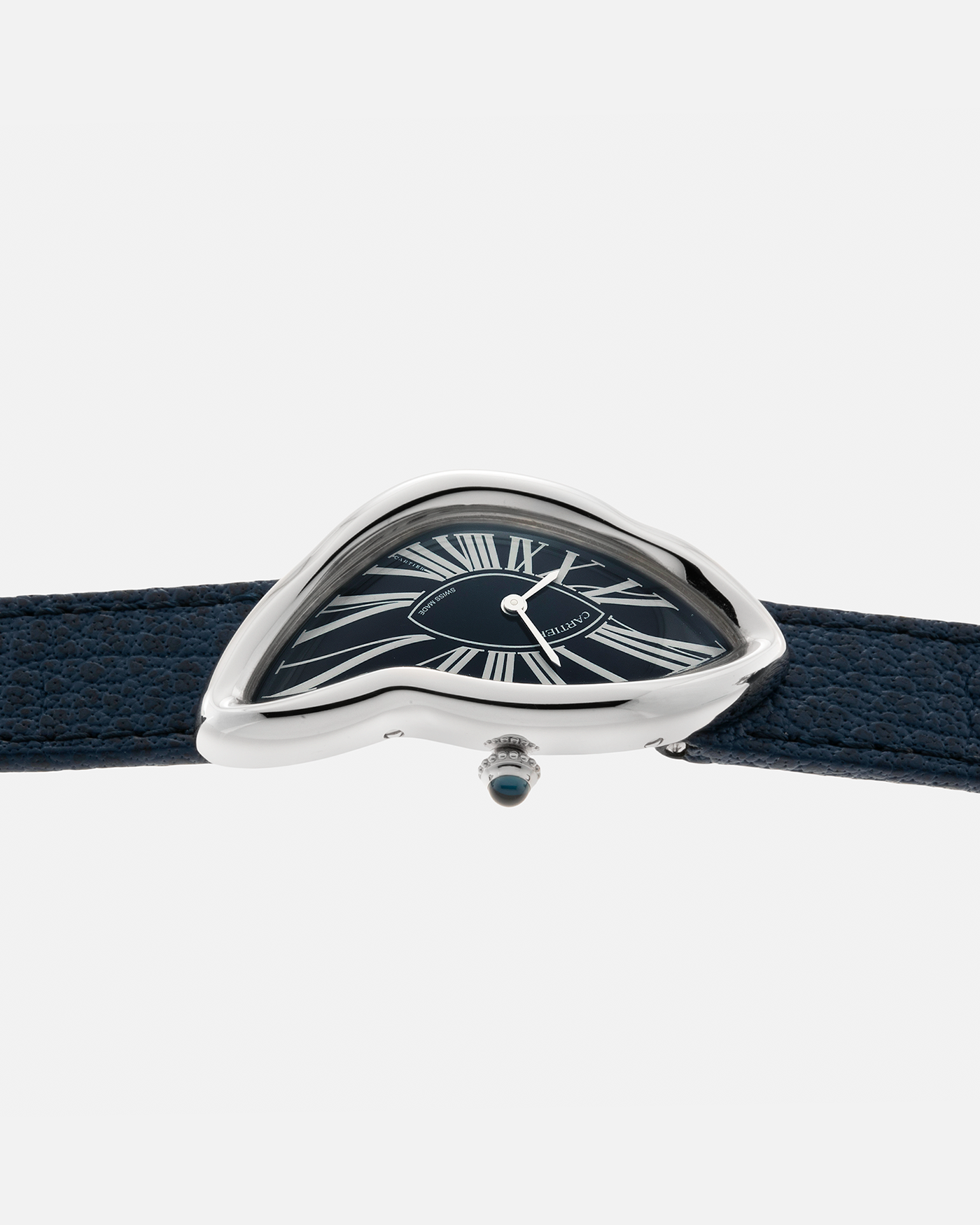 Brand: Cartier Year: 2022 Model: Crash Reference Number: WGCH0080, New Special Order Material: 18-carat White Gold (Rhodium Plated) Movement: Cartier Cal. 1917 MC, Manual-Winding Case Dimensions: 42mm x 24mm (Asymmetrical Case) Strap: Cartier Navy Blue Alligator Strap with Signed 18-carat White Gold ‘Crash’ Deployant Buckle