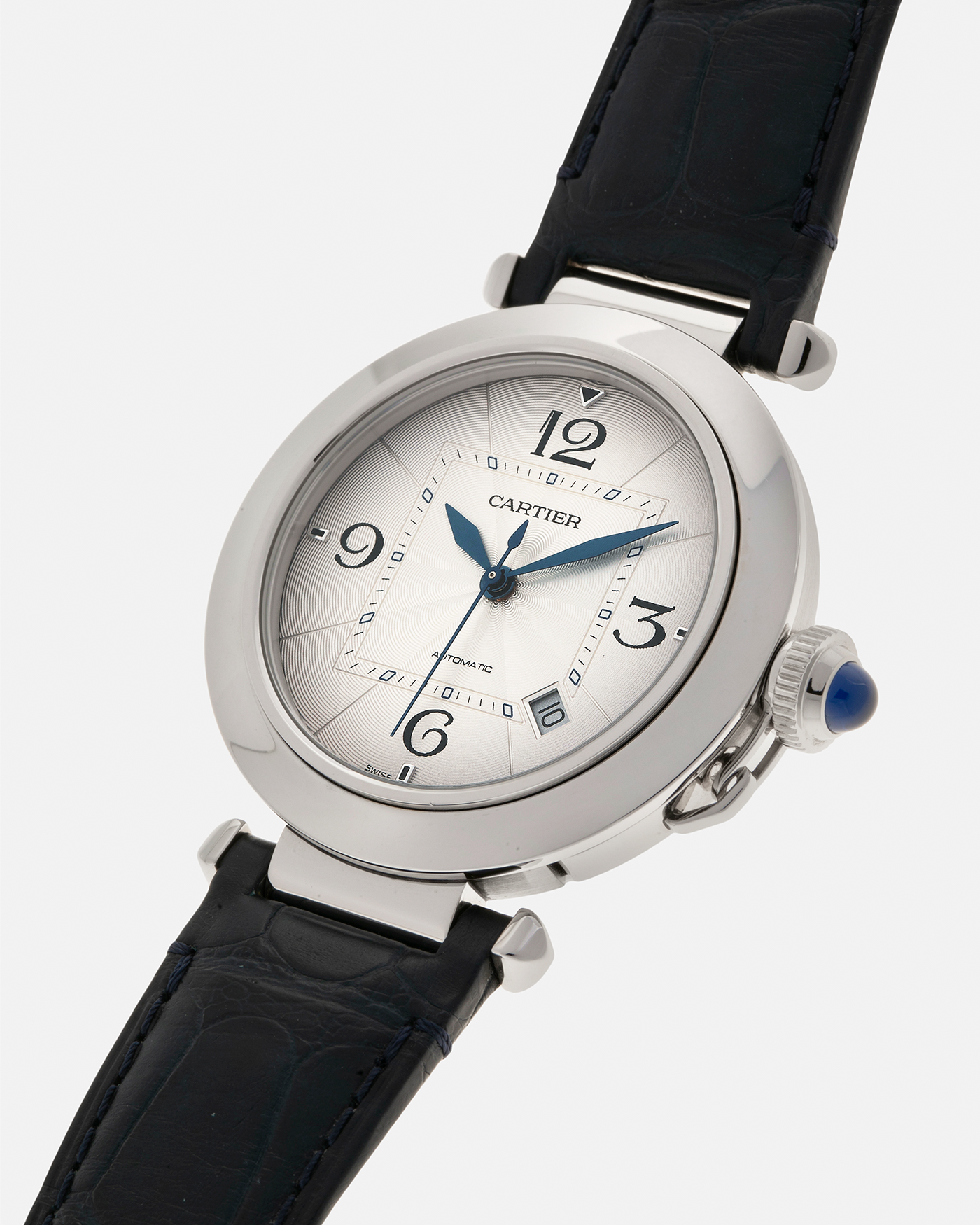 Brand: Cartier
Year: 2021
Model: Pasha 41
Reference Number: 4266, WSPA0010
Material: Stainless Steel
Movement: Cartier Cal. 1847, Self-Winding
Case Dimensions: 41mm x 9.55mm (Lug-to-Lug 47.5mm)
Lug Width: 20mm
Straps: Cartier Dark Blue Alligator Leather Strap with Signed Stainless Steel Deployant Clasp, extra Cartier Dark Grey Alligator Leather Strap