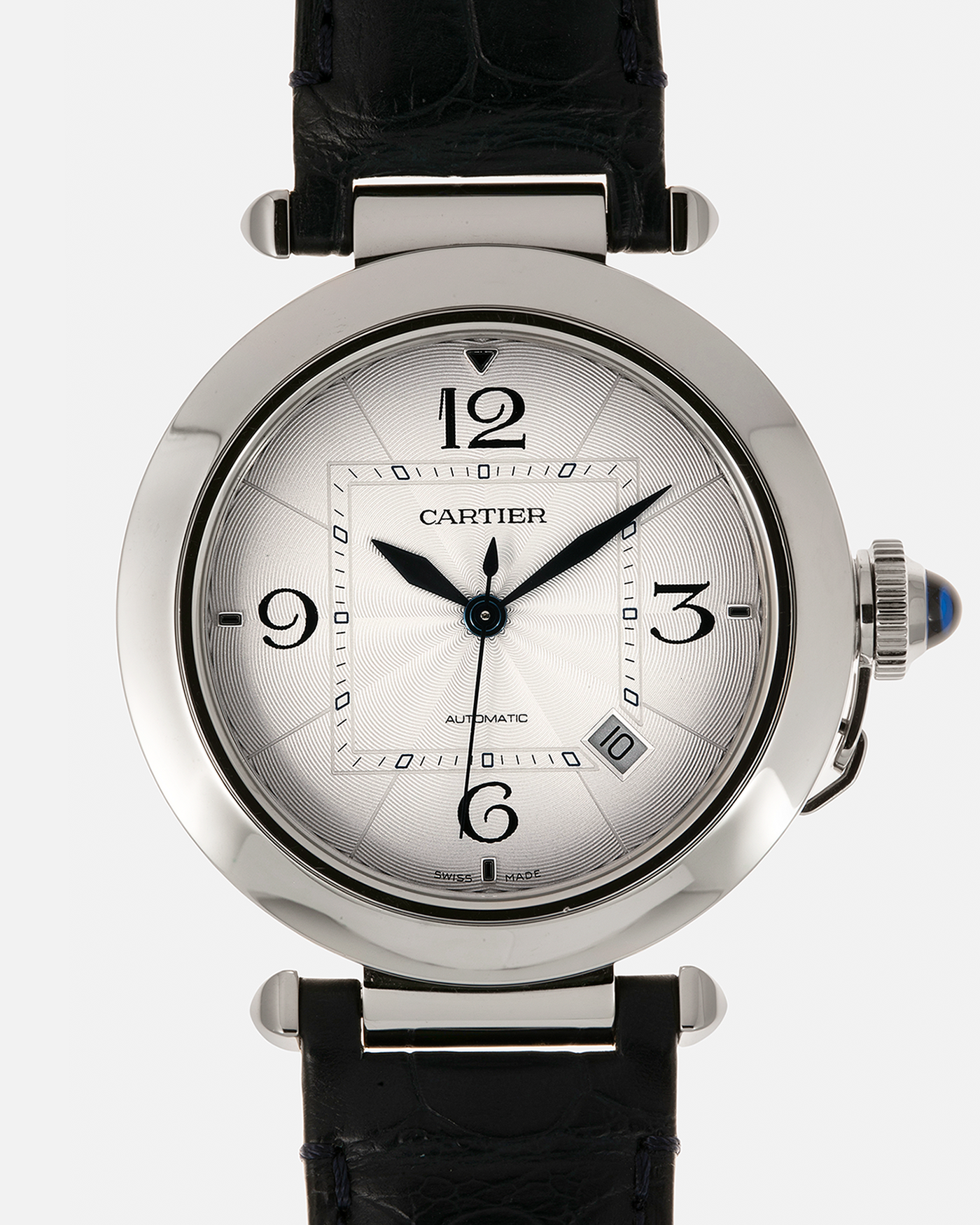 Brand: Cartier
Year: 2021
Model: Pasha 41
Reference Number: 4266, WSPA0010
Material: Stainless Steel
Movement: Cartier Cal. 1847, Self-Winding
Case Dimensions: 41mm x 9.55mm (Lug-to-Lug 47.5mm)
Lug Width: 20mm
Straps: Cartier Dark Blue Alligator Leather Strap with Signed Stainless Steel Deployant Clasp, extra Cartier Dark Grey Alligator Leather Strap