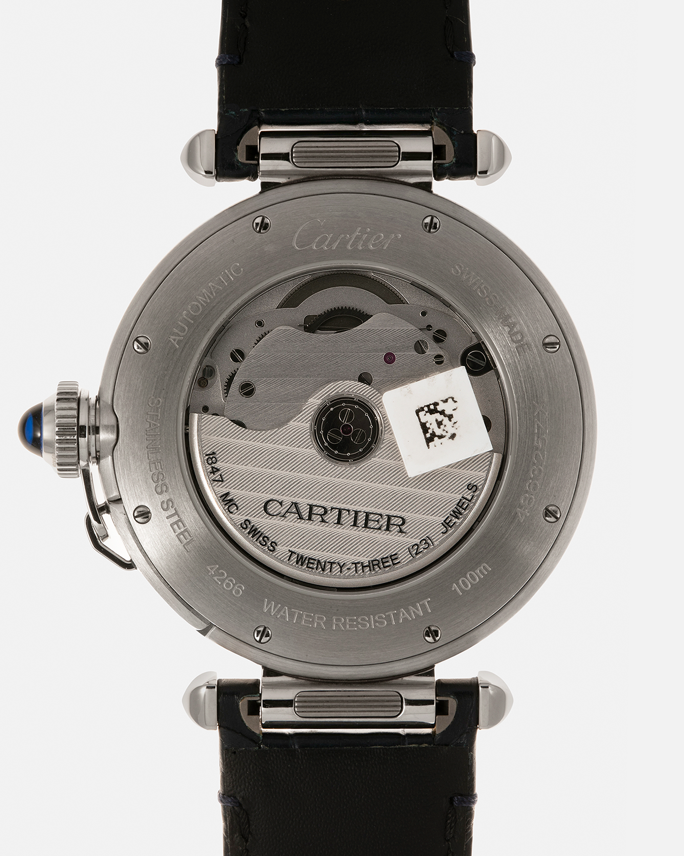 Brand: Cartier
Year: 2021
Model: Pasha 41
Reference Number: 4266, WSPA0010
Material: Stainless Steel
Movement: Cartier Cal. 1847, Self-Winding
Case Dimensions: 41mm x 9.55mm (Lug-to-Lug 47.5mm)
Lug Width: 20mm
Straps: Cartier Dark Blue Alligator Leather Strap with Signed Stainless Steel Deployant Clasp, extra Cartier Dark Grey Alligator Leather Strap