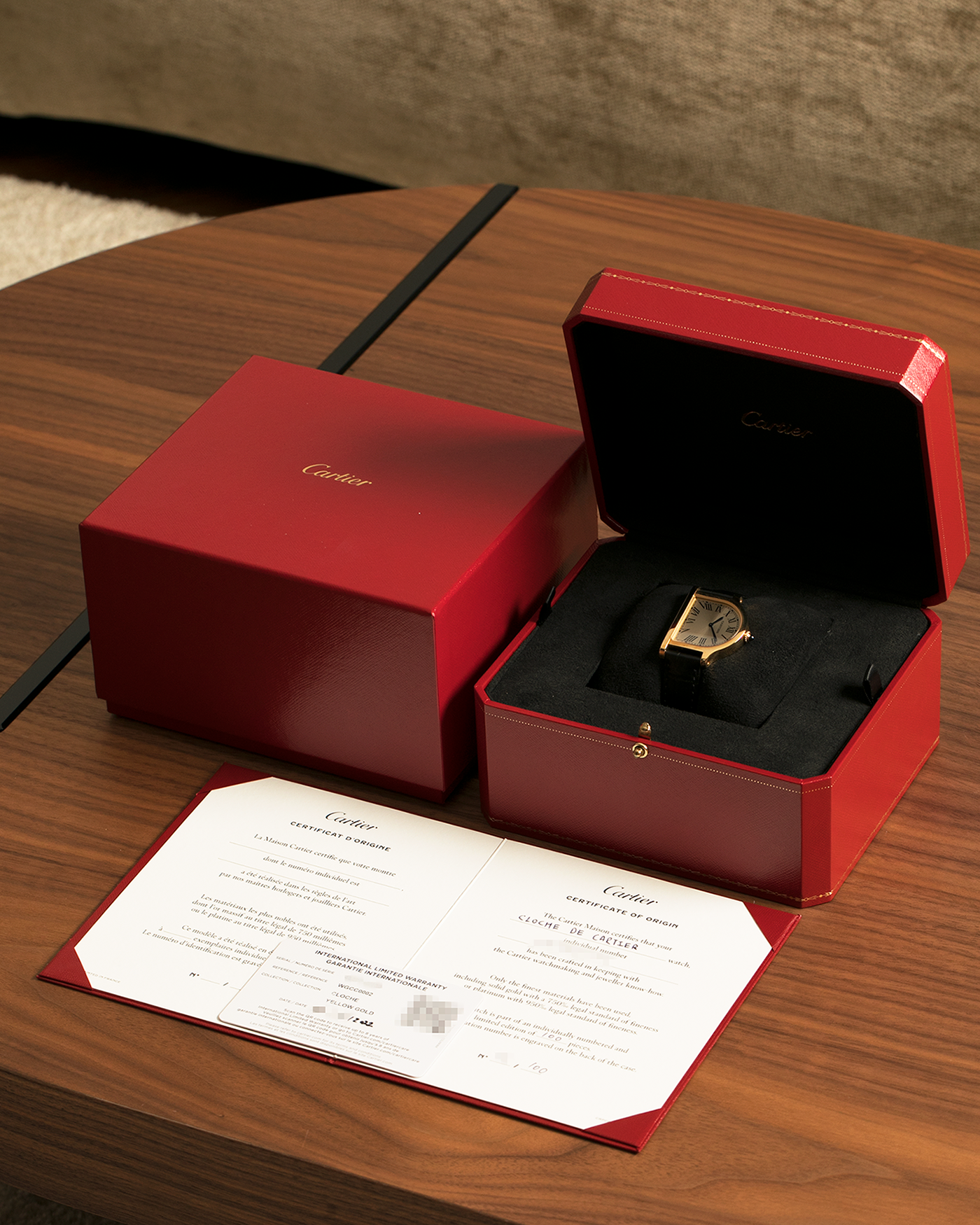 Brand: Cartier
Year: 2021
Model: Privé Collection Cloche De Cartier, Limited to 100 Pieces
Reference: WGCC0002
Material: 18-carat Yellow Gold
Movement: Cartier Cal. 1917MC, Manual-Winding
Case Dimensions: 37.15mm (Including Lugs) x 28.75mm and 6.7mm
Lug Width: 16mm
Strap: Cartier Black Alligator Leather Strap with Signed 18-carat Yellow Gold Tang Buckle