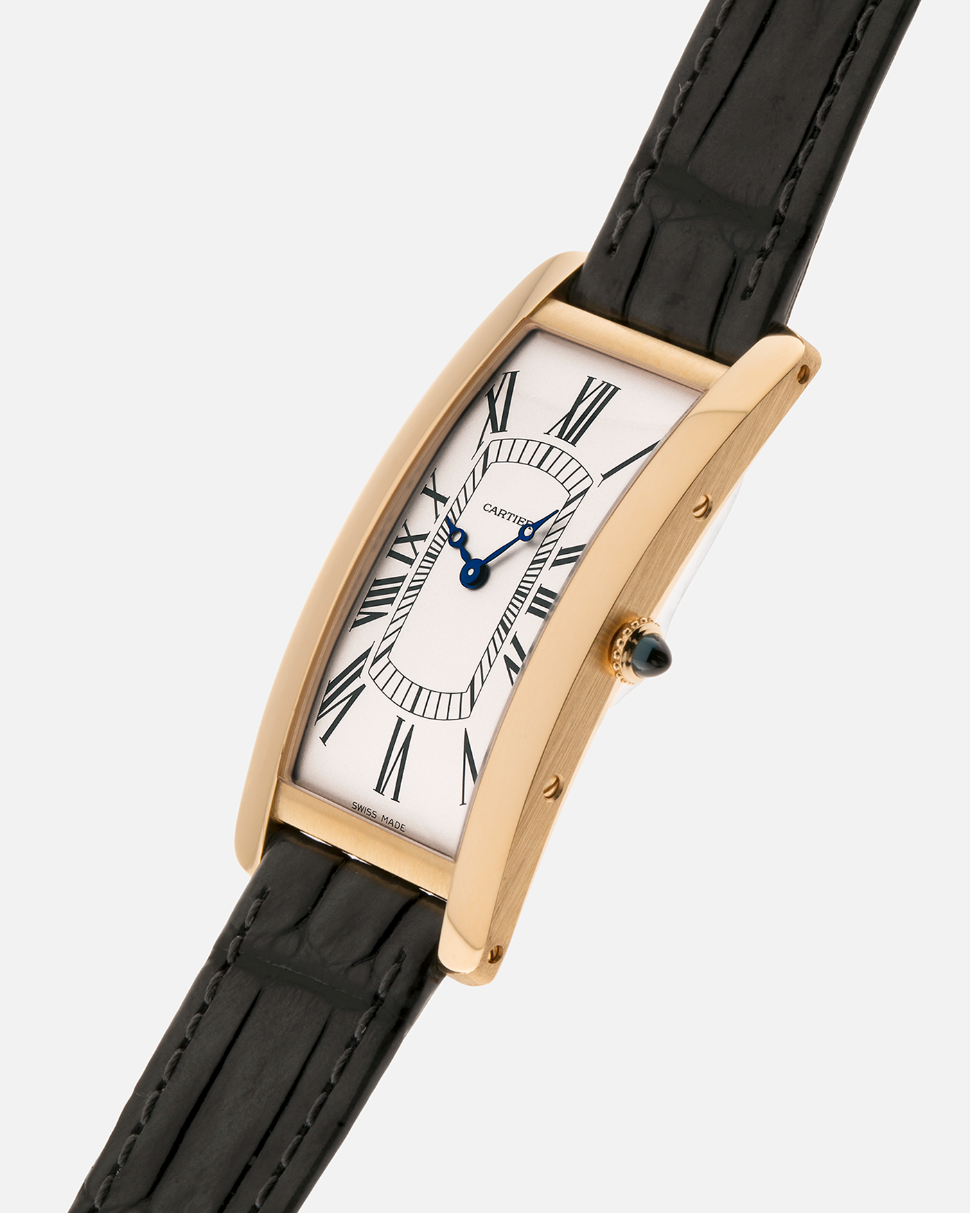 Brand: Cartier
Year: 2026
Model: Privé La Collection Tank Cintrée
Reference: WHTA0037
Material: 18k Yellow Gold
Movement: Cartier Cal. 1917 MC, Manual-Winding
Case Diameter: 46.3mm x 23 mm (6.95mm Thick)
Lug Width: 16mm
Strap: Cartier Grey Alligator Leather Strap with Cartier Signed 18k Yellow Gold Tang Buckle