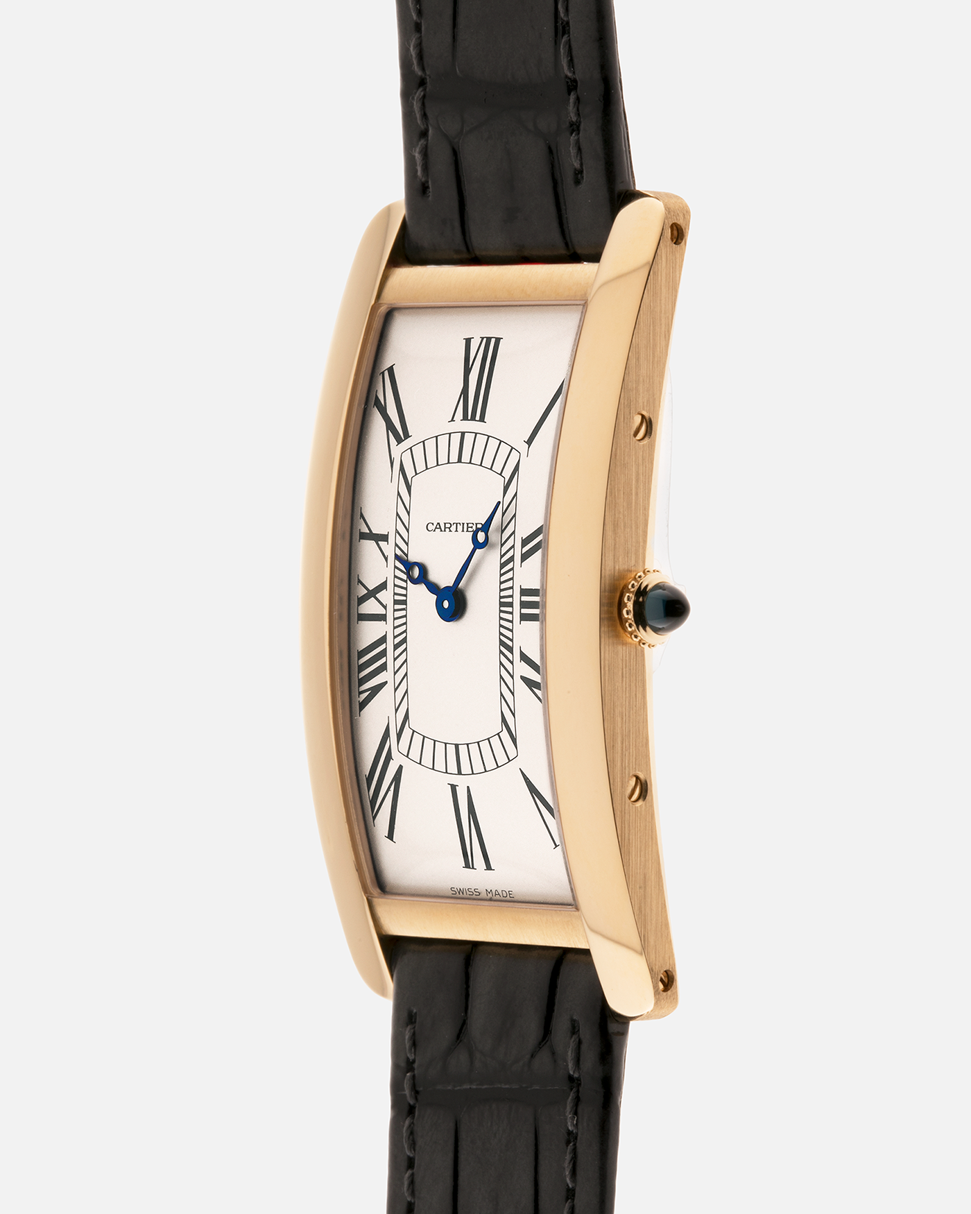 Brand: Cartier
Year: 2026
Model: Privé La Collection Tank Cintrée
Reference: WHTA0037
Material: 18k Yellow Gold
Movement: Cartier Cal. 1917 MC, Manual-Winding
Case Diameter: 46.3mm x 23 mm (6.95mm Thick)
Lug Width: 16mm
Strap: Cartier Grey Alligator Leather Strap with Cartier Signed 18k Yellow Gold Tang Buckle
