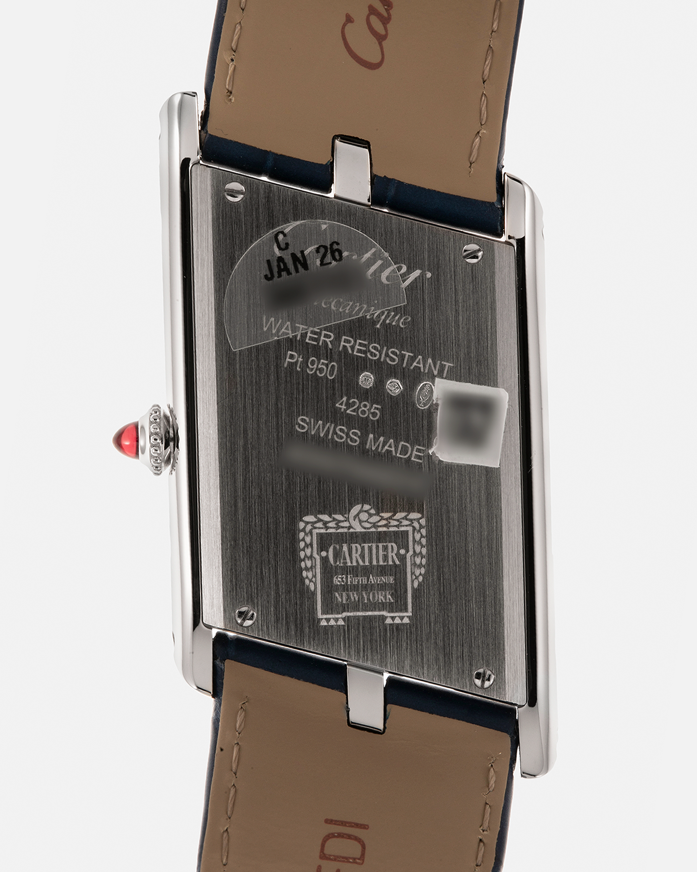 Brand: Cartier
Year: 2024
Model: Privé Tank Asymétrique 5th Ave New York Edition
Reference: WGTA0120
Material:  Platinum 950
Movement: Cartier Cal. 1917MC, Manual-Winding
Case Dimensions: 47mm x 26mm x 6.4mm (44.5mm Lug-to-Lug)
Strap: Cartier Blue Alligator Leather Strap with Signed Platinum 950 Tang Buckle