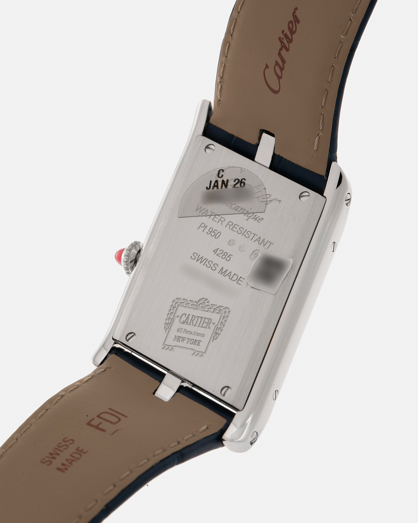 Brand: Cartier
Year: 2024
Model: Privé Tank Asymétrique 5th Ave New York Edition
Reference: WGTA0120
Material:  Platinum 950
Movement: Cartier Cal. 1917MC, Manual-Winding
Case Dimensions: 47mm x 26mm x 6.4mm (44.5mm Lug-to-Lug)
Strap: Cartier Blue Alligator Leather Strap with Signed Platinum 950 Tang Buckle