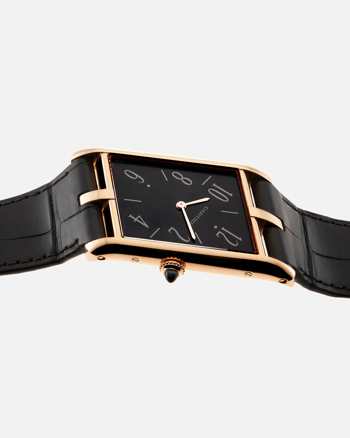 Brand: Cartier Year: 2022 Model: Privé Tank Asymétrique Reference: WGTA0043 Material: 18-carat Red Gold Movement: Cal. 1917MC, Manual-Winding Case Diameter: 47.15mm x 26.2mm x 6.38mm Strap: Cartier Grey Alligator Leather Strap with Signed 18-carat Red Gold Tang Buckle