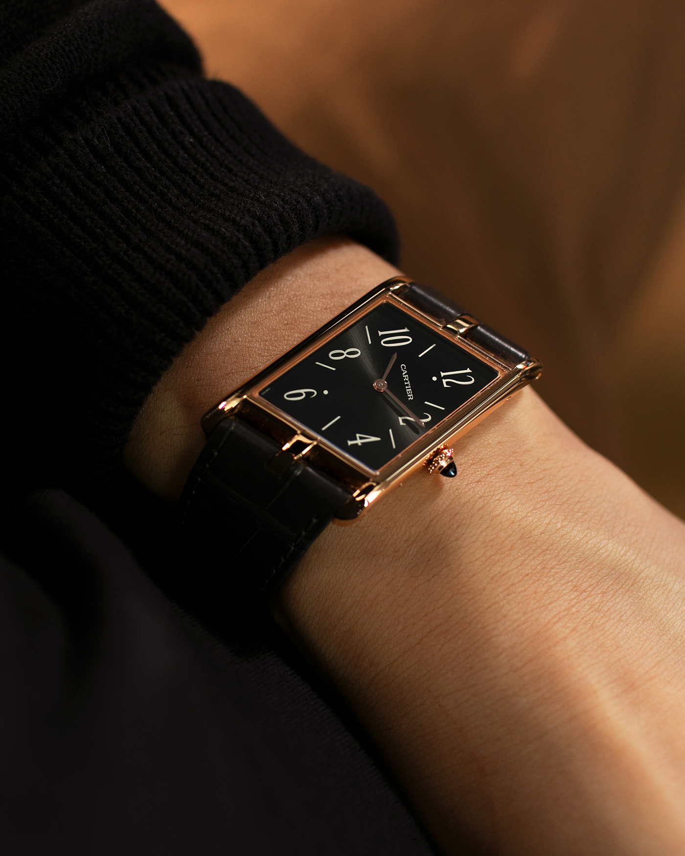 Brand: Cartier Year: 2022 Model: Privé Tank Asymétrique Reference: WGTA0043 Material: 18-carat Red Gold Movement: Cal. 1917MC, Manual-Winding Case Diameter: 47.15mm x 26.2mm x 6.38mm Strap: Cartier Grey Alligator Leather Strap with Signed 18-carat Red Gold Tang Buckle