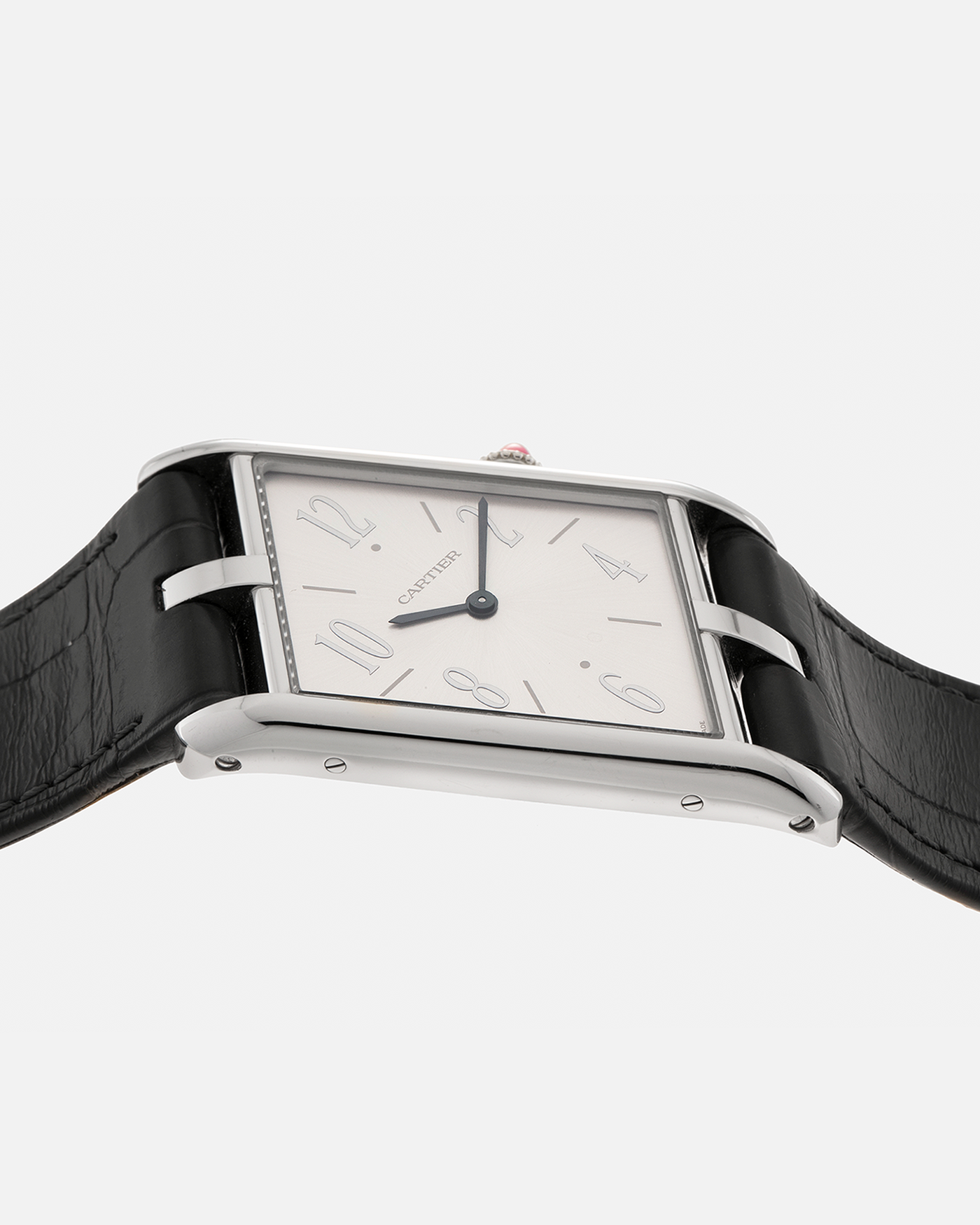 Brand: Cartier
Year: 2020
Model: Privé Tank Asymétrique Platinum, Limited to 100 Pieces
Reference: CRWGTA0042 / 4285
Material: Platinum 950
Movement: Cartier Cal. 1917MC, Manual-Winding
Case Dimensions: 47.15mm x 26.2mm x 6.38mm (Lug-to-Lug 47.15mm)
Strap: Cartier Grey Alligator Leather with Signed Platinum 950 Tang Buckle  
