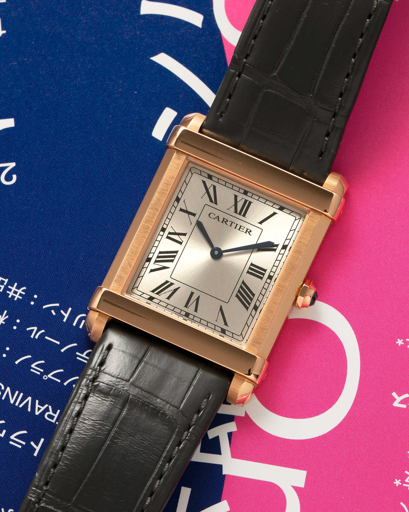 Brand: Cartier
Year: 2022
Model: Privé Tank Chinoise, Limited Edition of 150 Pieces in this Configuration
Reference Number: WGTA0075
Material: 18-carat Rose Gold
Movement: Cartier Cal. 437 MC (Based ocn Piaget Cal. 430P), Manual-Winding
Case Dimensions: 39.5mm x 29mm x 8mm (40mm Lug-to-Lug)
Lug Width: 21mm
Strap: Cartier Anthracite Grey Alligator Leather Strap with Signed 18-carat Rose Gold Tang Buckle