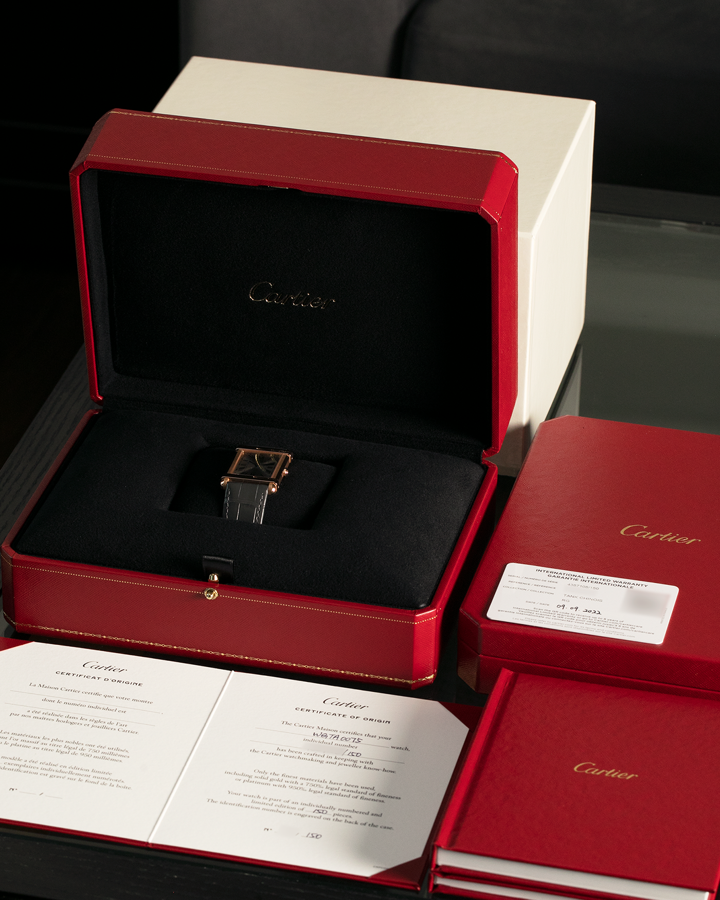 Brand: Cartier
Year: 2022
Model: Privé Tank Chinoise, Limited Edition of 150 Pieces in this Configuration
Reference Number: WGTA0075
Material: 18-carat Rose Gold
Movement: Cartier Cal. 437 MC (Based ocn Piaget Cal. 430P), Manual-Winding
Case Dimensions: 39.5mm x 29mm x 8mm (40mm Lug-to-Lug)
Lug Width: 21mm
Strap: Cartier Anthracite Grey Alligator Leather Strap with Signed 18-carat Rose Gold Tang Buckle