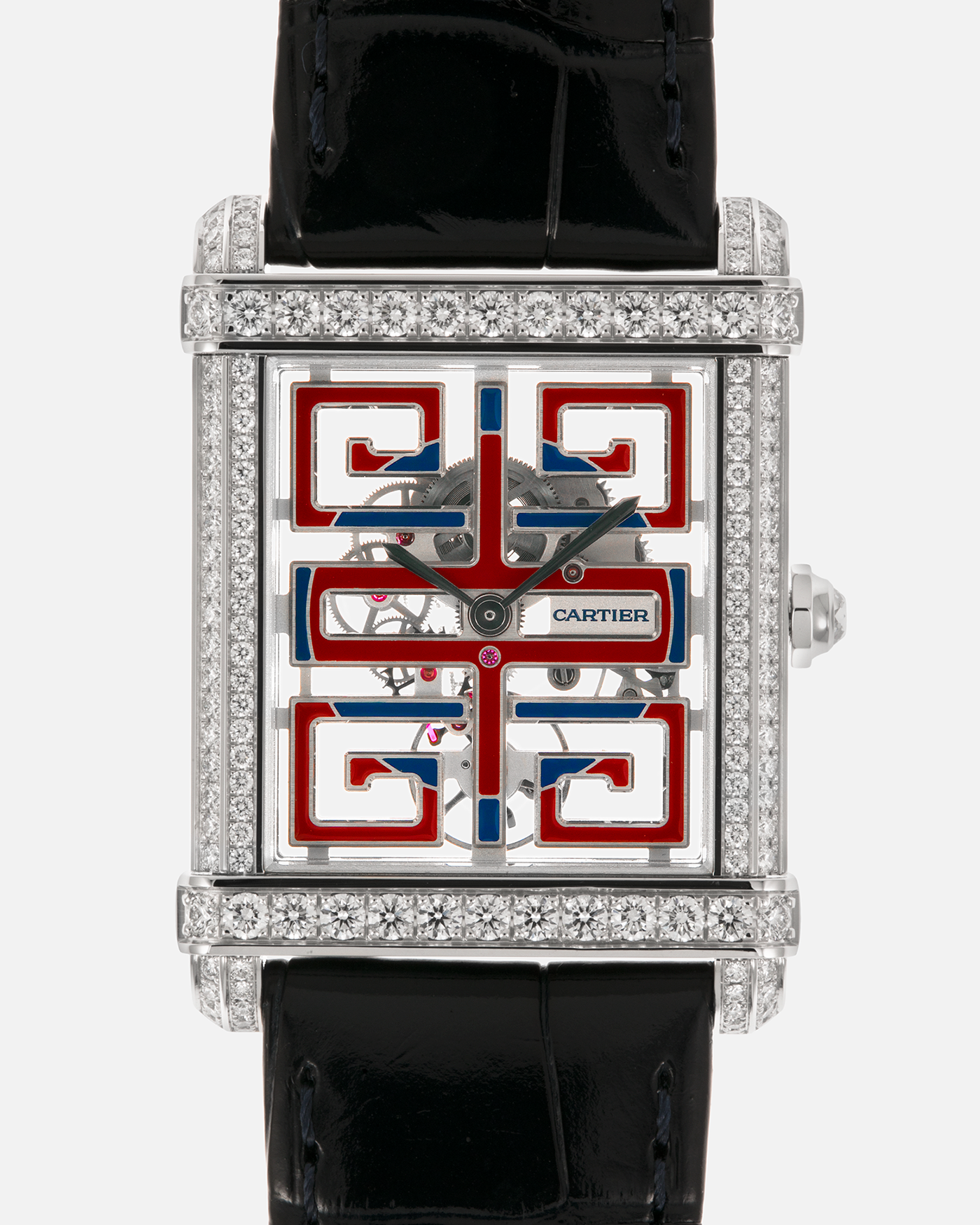 Brand: Cartier
Year: 2022
Model: Privé Tank Chinoise Skeleton, Limited Edition of 20 Pieces in this Configuration
Reference Number: CRHPI01507
Material: Platinum 950 Case, Lacquered Movement Bridges, Diamond-Setting on Case
Movement: Cartier Cal. 9627 MC, Manual-Winding
Case Dimensions: 39.5mm x 29mm x 8mm (Lug-to-Lug 40mm)
Lug Width: 21mm
Strap: Cartier Black Alligator Leather Strap with Signed and Diamond-Set Platinum 950 Tang Buckle