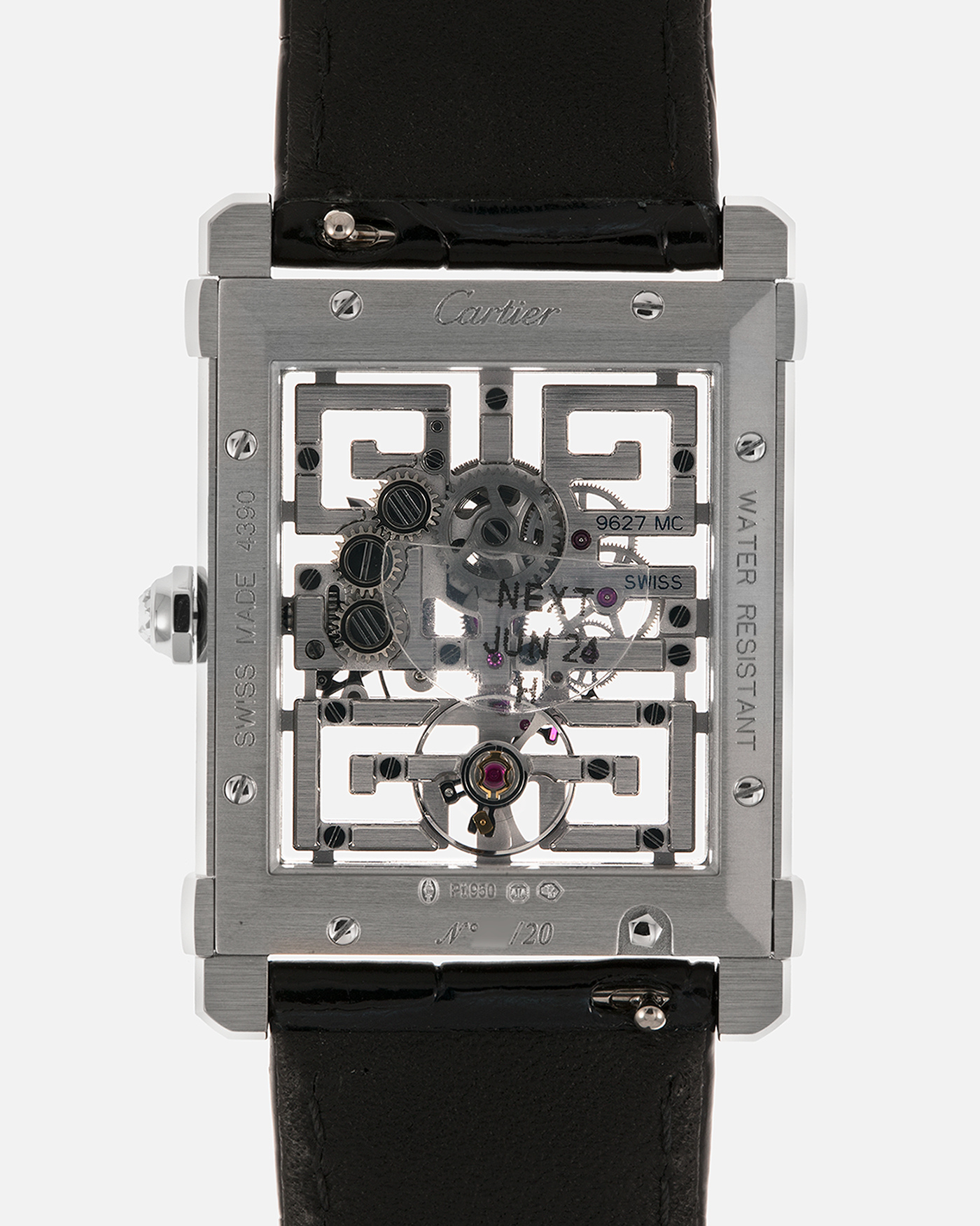 Brand: Cartier
Year: 2022
Model: Privé Tank Chinoise Skeleton, Limited Edition of 20 Pieces in this Configuration
Reference Number: CRHPI01507
Material: Platinum 950 Case, Lacquered Movement Bridges, Diamond-Setting on Case
Movement: Cartier Cal. 9627 MC, Manual-Winding
Case Dimensions: 39.5mm x 29mm x 8mm (Lug-to-Lug 40mm)
Lug Width: 21mm
Strap: Cartier Black Alligator Leather Strap with Signed and Diamond-Set Platinum 950 Tang Buckle