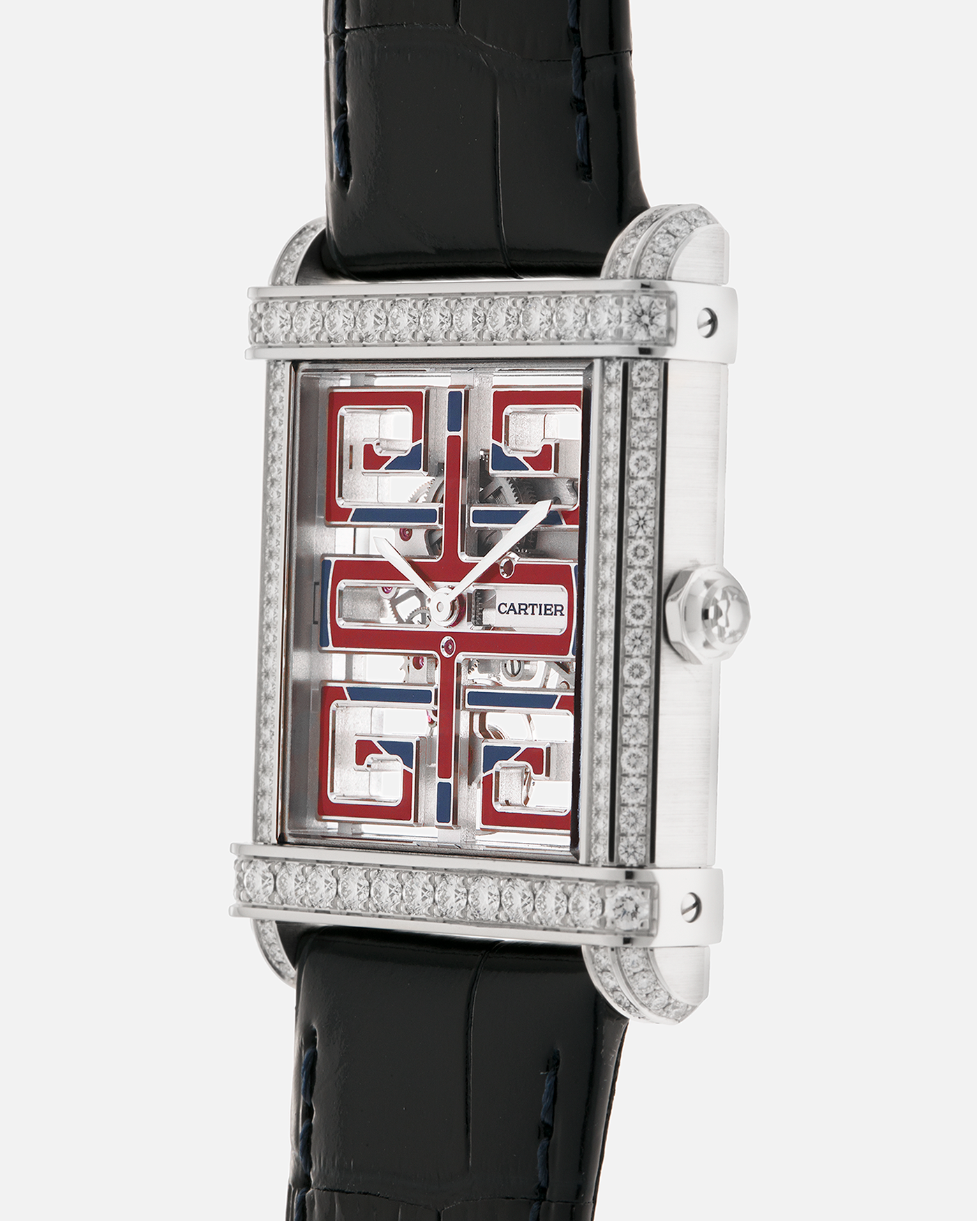 Brand: Cartier
Year: 2022
Model: Privé Tank Chinoise Skeleton, Limited Edition of 20 Pieces in this Configuration
Reference Number: CRHPI01507
Material: Platinum 950 Case, Lacquered Movement Bridges, Diamond-Setting on Case
Movement: Cartier Cal. 9627 MC, Manual-Winding
Case Dimensions: 39.5mm x 29mm x 8mm (Lug-to-Lug 40mm)
Lug Width: 21mm
Strap: Cartier Black Alligator Leather Strap with Signed and Diamond-Set Platinum 950 Tang Buckle
