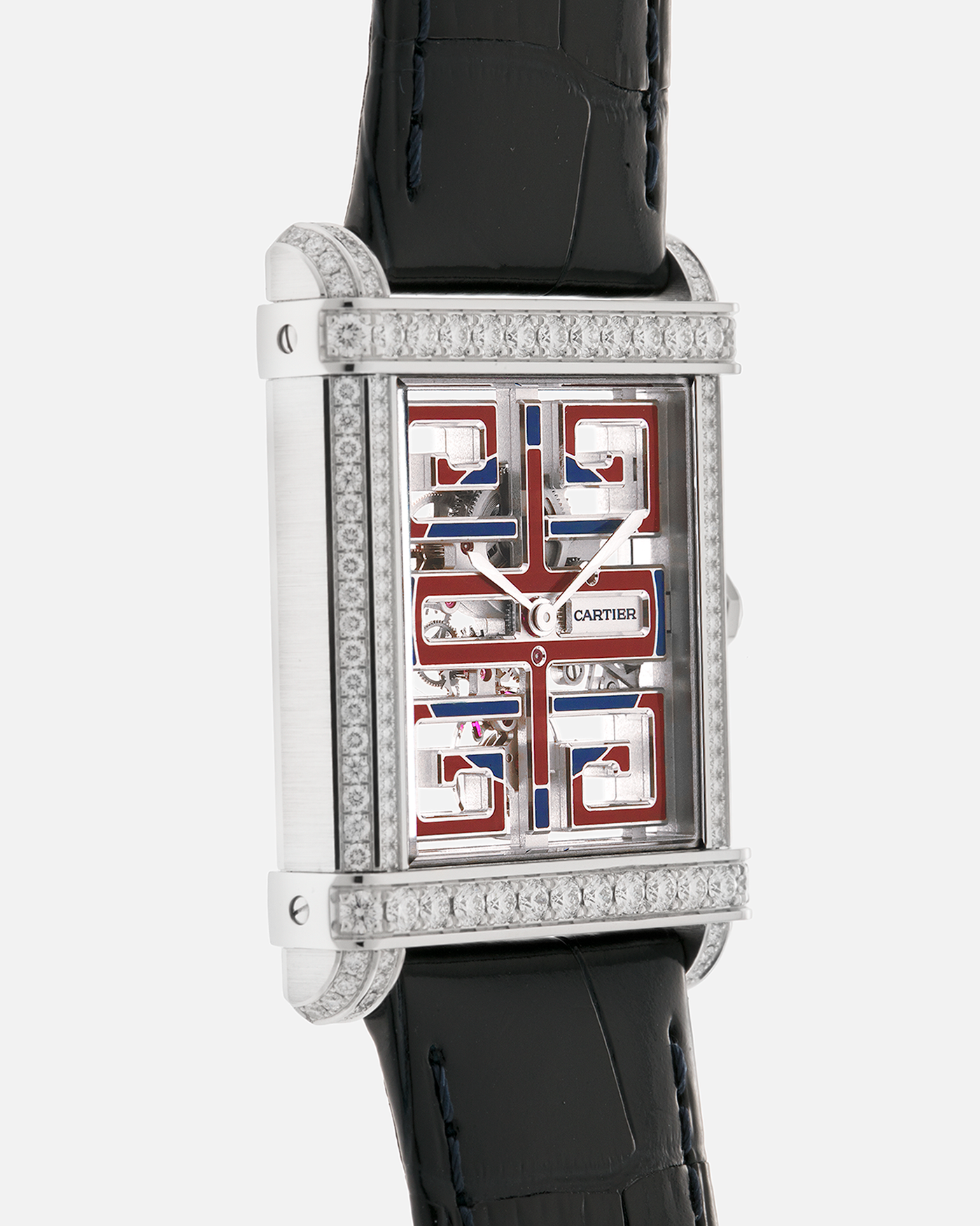 Brand: Cartier
Year: 2022
Model: Privé Tank Chinoise Skeleton, Limited Edition of 20 Pieces in this Configuration
Reference Number: CRHPI01507
Material: Platinum 950 Case, Lacquered Movement Bridges, Diamond-Setting on Case
Movement: Cartier Cal. 9627 MC, Manual-Winding
Case Dimensions: 39.5mm x 29mm x 8mm (Lug-to-Lug 40mm)
Lug Width: 21mm
Strap: Cartier Black Alligator Leather Strap with Signed and Diamond-Set Platinum 950 Tang Buckle