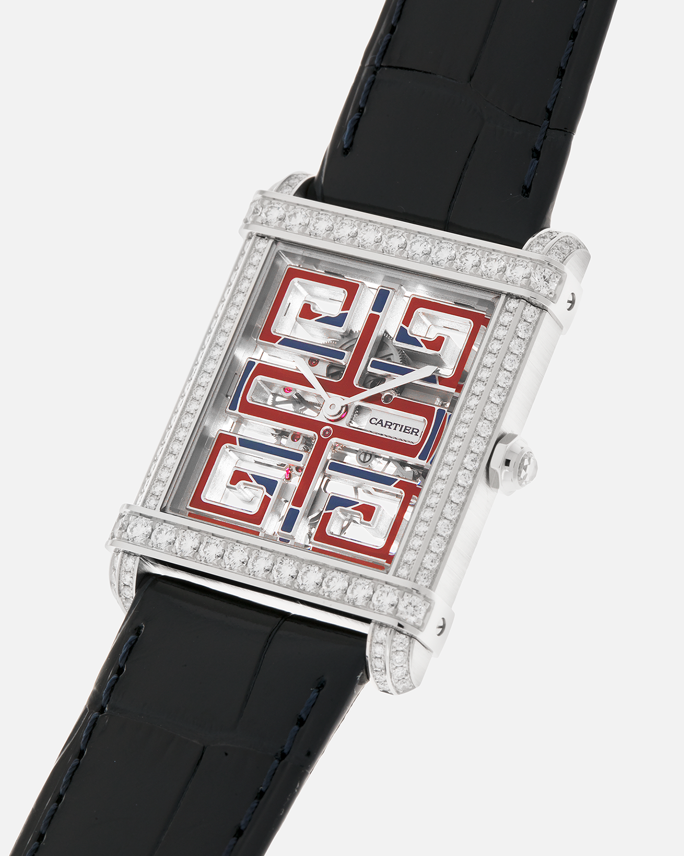 Brand: Cartier
Year: 2022
Model: Privé Tank Chinoise Skeleton, Limited Edition of 20 Pieces in this Configuration
Reference Number: CRHPI01507
Material: Platinum 950 Case, Lacquered Movement Bridges, Diamond-Setting on Case
Movement: Cartier Cal. 9627 MC, Manual-Winding
Case Dimensions: 39.5mm x 29mm x 8mm (Lug-to-Lug 40mm)
Lug Width: 21mm
Strap: Cartier Black Alligator Leather Strap with Signed and Diamond-Set Platinum 950 Tang Buckle
