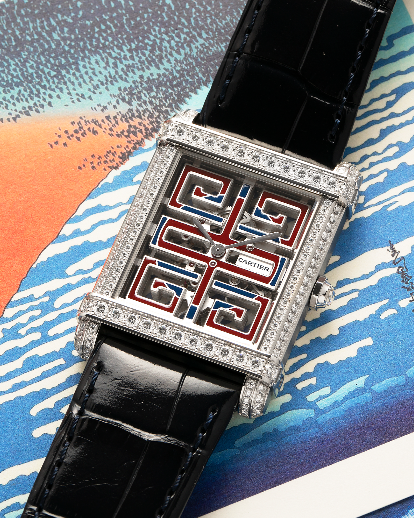 Brand: Cartier
Year: 2022
Model: Privé Tank Chinoise Skeleton, Limited Edition of 20 Pieces in this Configuration
Reference Number: CRHPI01507
Material: Platinum 950 Case, Lacquered Movement Bridges, Diamond-Setting on Case
Movement: Cartier Cal. 9627 MC, Manual-Winding
Case Dimensions: 39.5mm x 29mm x 8mm (Lug-to-Lug 40mm)
Lug Width: 21mm
Strap: Cartier Black Alligator Leather Strap with Signed and Diamond-Set Platinum 950 Tang Buckle