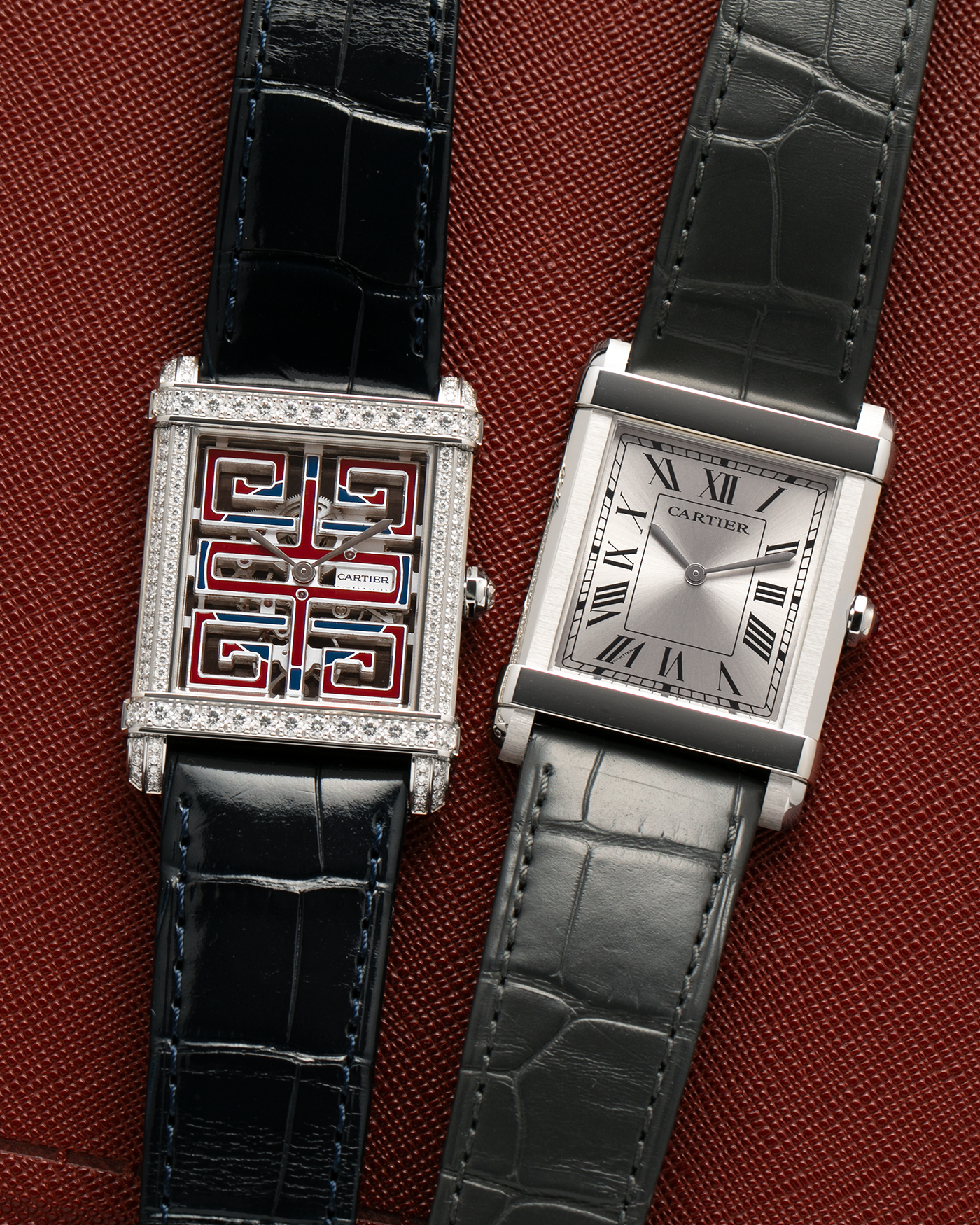 Brand: Cartier
Year: 2022
Model: Privé Tank Chinoise Skeleton, Limited Edition of 20 Pieces in this Configuration
Reference Number: CRHPI01507
Material: Platinum 950 Case, Lacquered Movement Bridges, Diamond-Setting on Case
Movement: Cartier Cal. 9627 MC, Manual-Winding
Case Dimensions: 39.5mm x 29mm x 8mm (Lug-to-Lug 40mm)
Lug Width: 21mm
Strap: Cartier Black Alligator Leather Strap with Signed and Diamond-Set Platinum 950 Tang Buckle