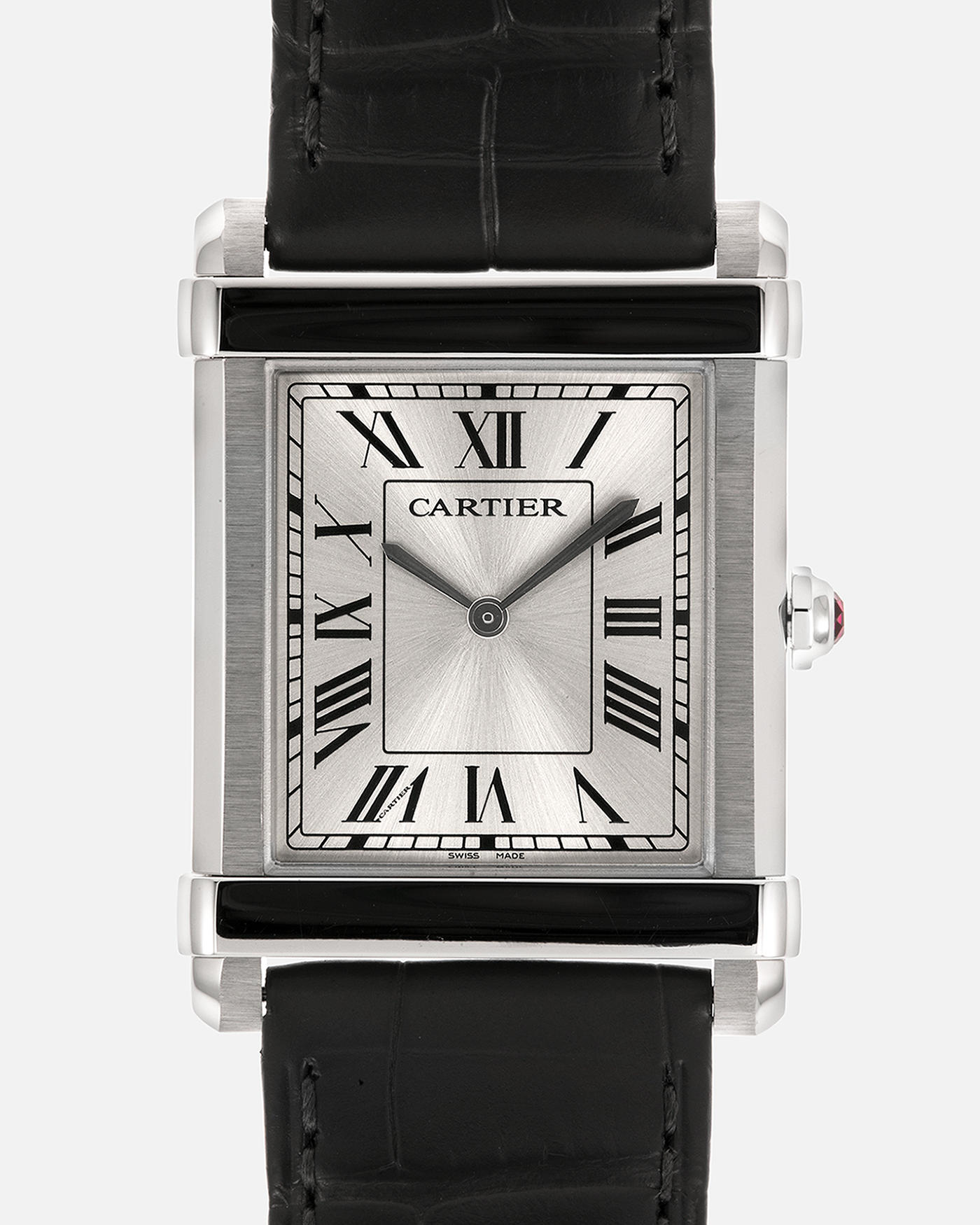 Brand: Cartier
Year: 2023
Model: Privé Tank Chinoise, Limited Edition of 150 Pieces in this Configuration
Reference Number: WGTA0074
Material: Platinum 950
Movement: Cartier Cal. 430 MC (Based on Piaget Cal. 430P), Manual-Winding
Case Dimensions: 39.5mm x 29mm x 8mm (Lug-to-Lug 40mm)
Lug Width: 21mm
Strap: Cartier Anthracite Grey Alligator Leather Strap with Signed Platinum 950 Tang Buckle