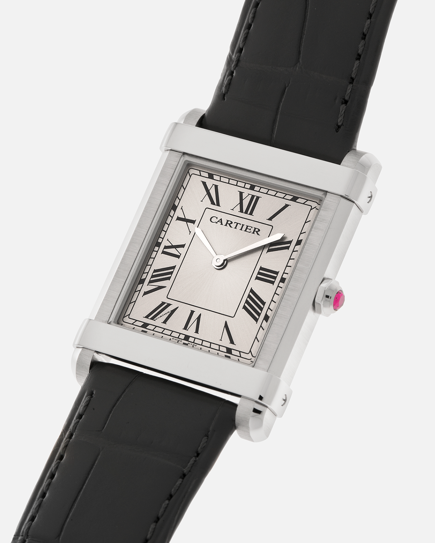 Brand: Cartier
Year: 2023
Model: Privé Tank Chinoise, Limited Edition of 150 Pieces in this Configuration
Reference Number: WGTA0074
Material: Platinum 950
Movement: Cartier Cal. 430 MC (Based on Piaget Cal. 430P), Manual-Winding
Case Dimensions: 39.5mm x 29mm x 8mm (Lug-to-Lug 40mm)
Lug Width: 21mm
Strap: Cartier Anthracite Grey Alligator Leather Strap with Signed Platinum 950 Tang Buckle