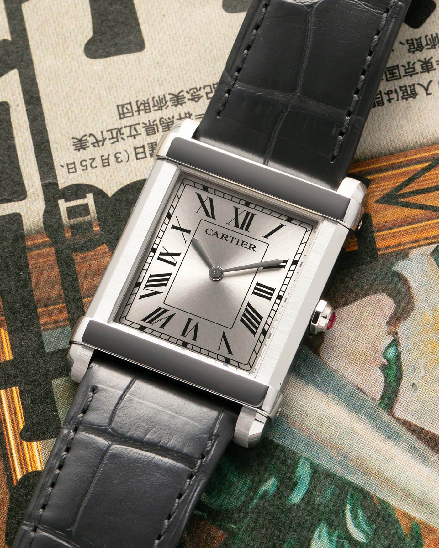 Brand: Cartier
Year: 2023
Model: Privé Tank Chinoise, Limited Edition of 150 Pieces in this Configuration
Reference Number: WGTA0074
Material: Platinum 950
Movement: Cartier Cal. 430 MC (Based on Piaget Cal. 430P), Manual-Winding
Case Dimensions: 39.5mm x 29mm x 8mm (Lug-to-Lug 40mm)
Lug Width: 21mm
Strap: Cartier Anthracite Grey Alligator Leather Strap with Signed Platinum 950 Tang Buckle