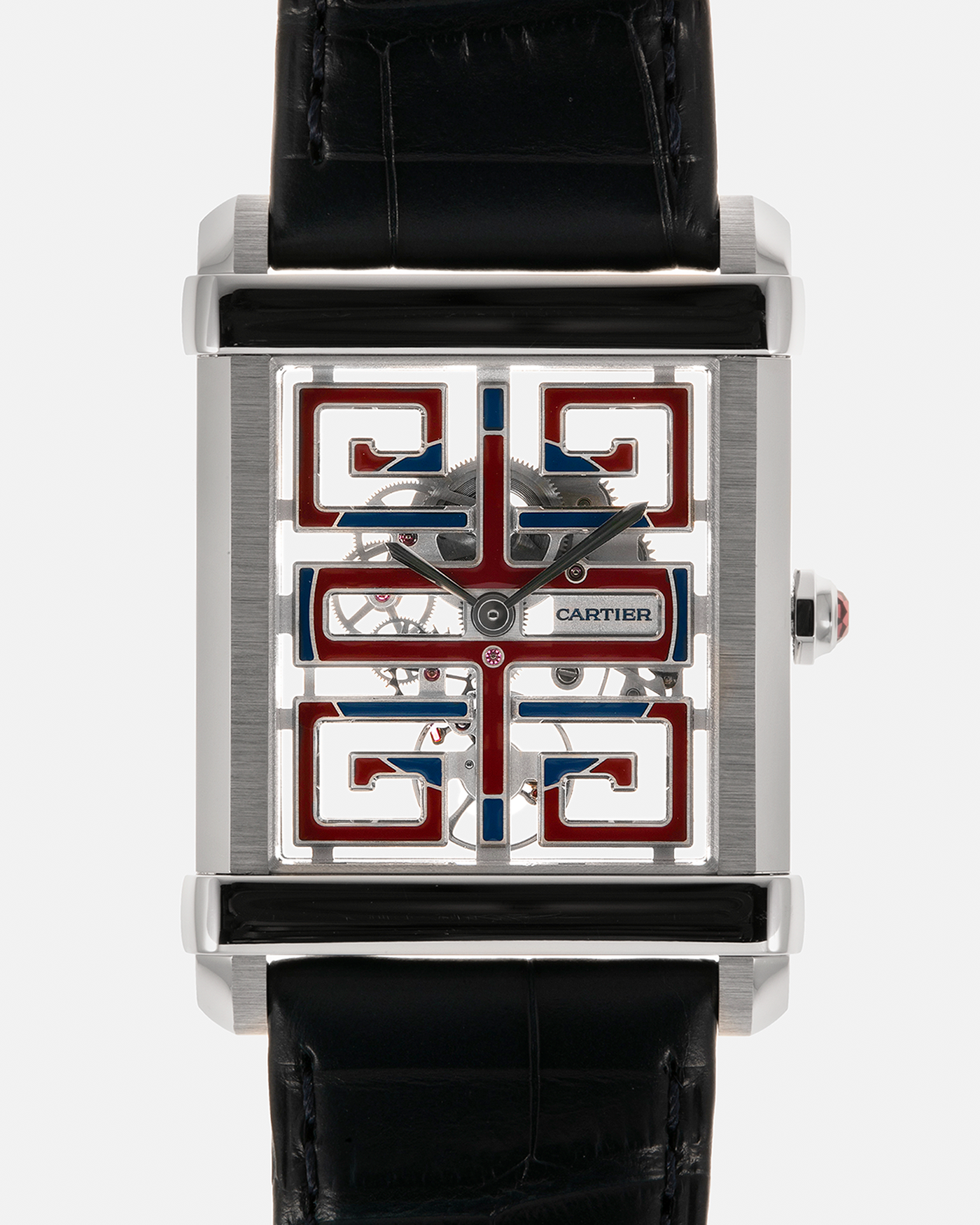 Brand: Cartier
Year: 2022
Model: Privé Tank Chinoise Skeleton, Limited Edition of 100 Pieces in this Configuration
Reference Number: CRWHTA0015
Material: Platinum 950, Lacquered Movement Bridges
Movement: Cartier Cal. 9627 MC, Manual-Winding
Case Dimensions: 39.5mm x 29mm x 8mm (40mm Lug-to-Lug)
Lug Width: 21mm
Strap: Cartier Black Alligator Leather Strap with Signed Platinum 950 Tang Buckle