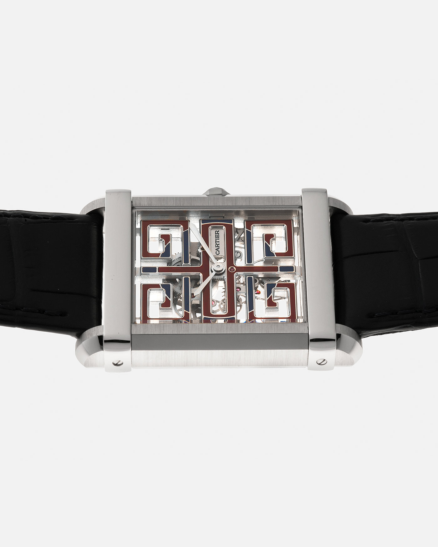 Brand: Cartier
Year: 2022
Model: Privé Tank Chinoise Skeleton, Limited Edition of 100 Pieces in this Configuration
Reference Number: CRWHTA0015
Material: Platinum 950, Lacquered Movement Bridges
Movement: Cartier Cal. 9627 MC, Manual-Winding
Case Dimensions: 39.5mm x 29mm x 8mm (40mm Lug-to-Lug)
Lug Width: 21mm
Strap: Cartier Black Alligator Leather Strap with Signed Platinum 950 Tang Buckle