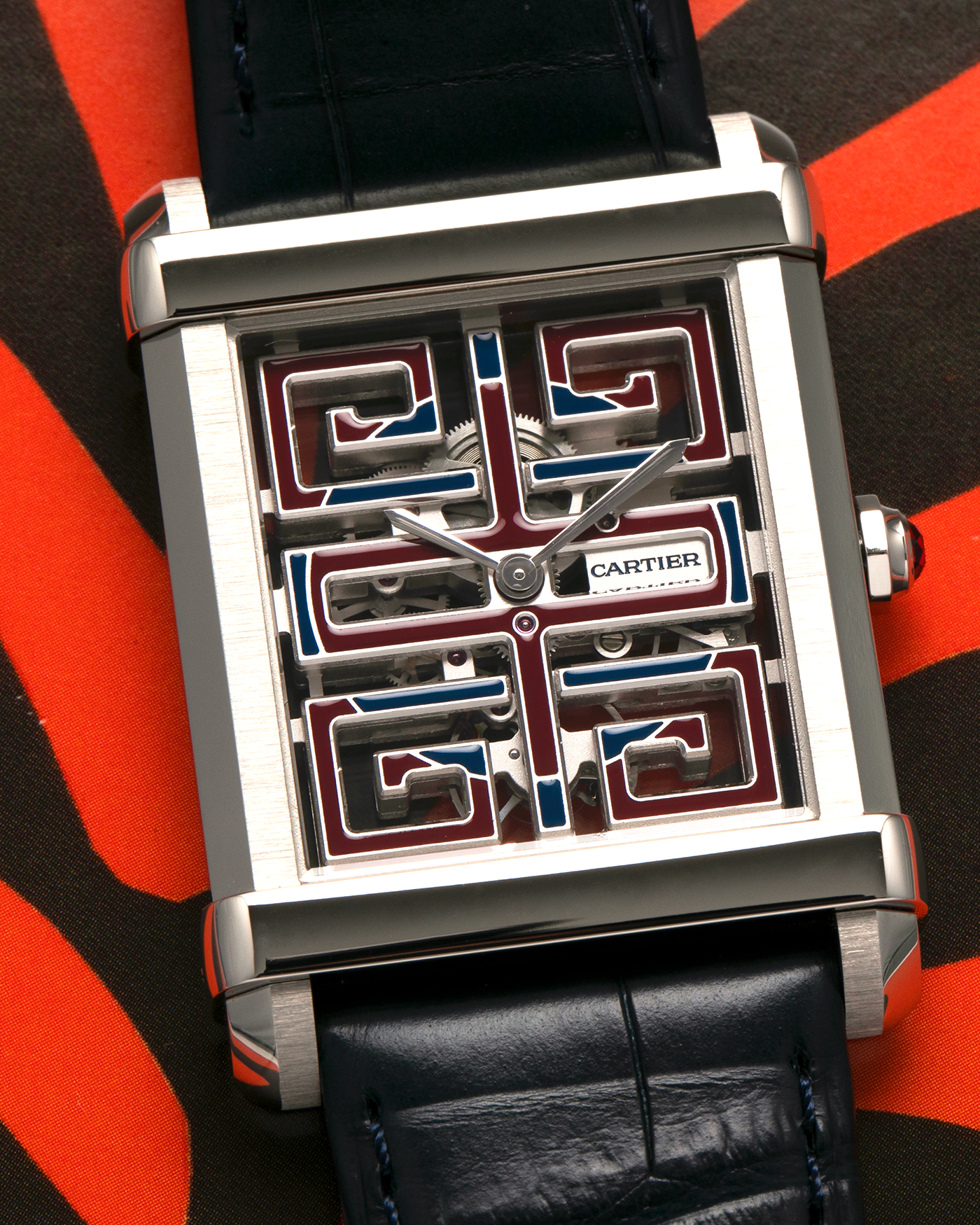 Brand: Cartier
Year: 2022
Model: Privé Tank Chinoise Skeleton, Limited Edition of 100 Pieces in this Configuration
Reference Number: CRWHTA0015
Material: Platinum 950, Lacquered Movement Bridges
Movement: Cartier Cal. 9627 MC, Manual-Winding
Case Dimensions: 39.5mm x 29mm x 8mm (40mm Lug-to-Lug)
Lug Width: 21mm
Strap: Cartier Black Alligator Leather Strap with Signed Platinum 950 Tang Buckle