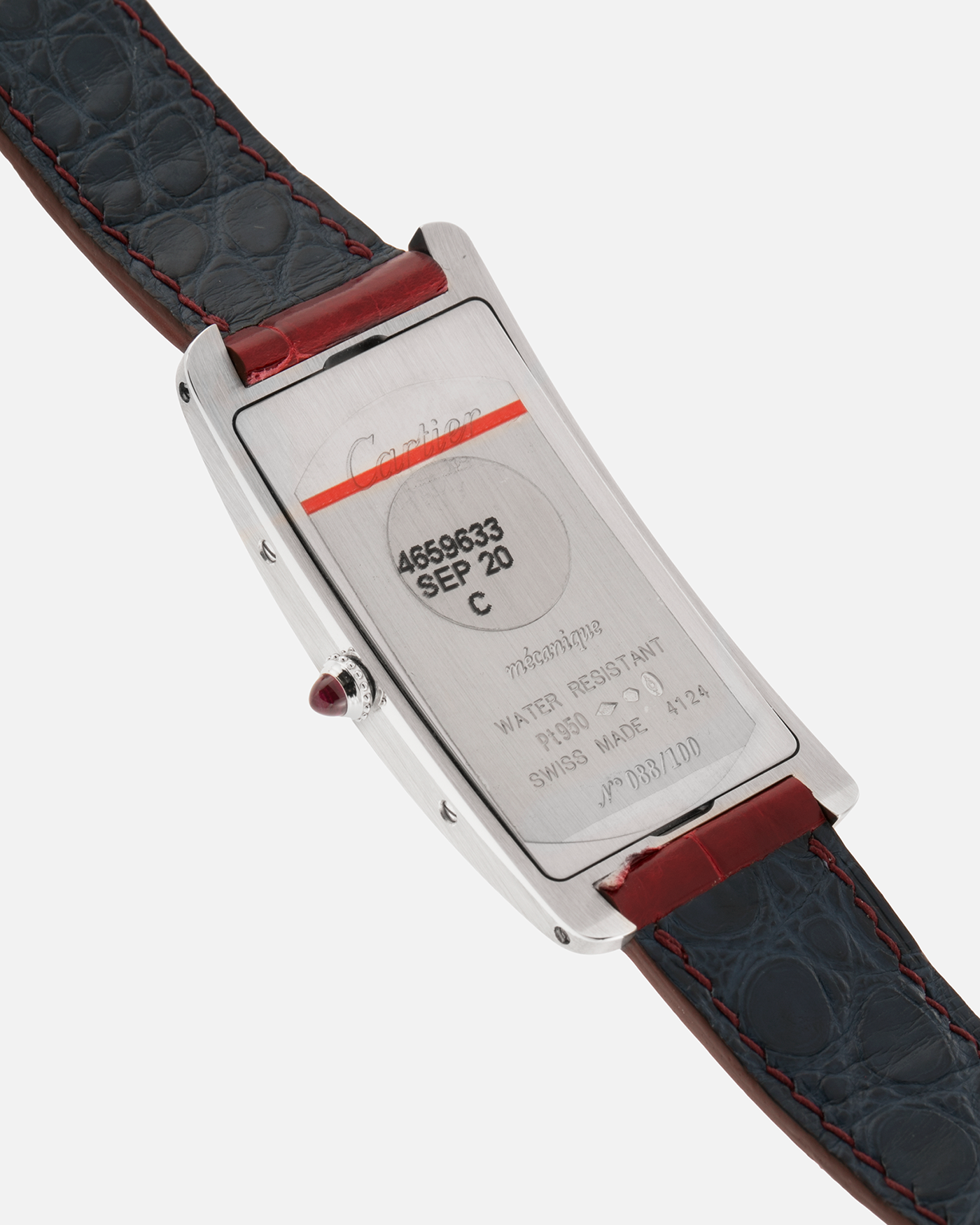 Brand: Cartier
Year: 2018
Model: Privé Tank Cintrée, Limited Edition of 100 pieces (Platinum Variant)
Reference: WGTA0027
Material: Platinum 950
Movement: Cartier Cal. 8971 MC (Based on JLC Cal. 846), Manual-Winding
Case Diameter: 46.3mm x 23 mm (7.1mm Thick)
Lug Width: 16mm
Strap: Cartier Semi-Matt Grey Alligator Leather Strap with Signed Platinum Tang Buckle, Unbranded, Custom Order Red Alligator Strap