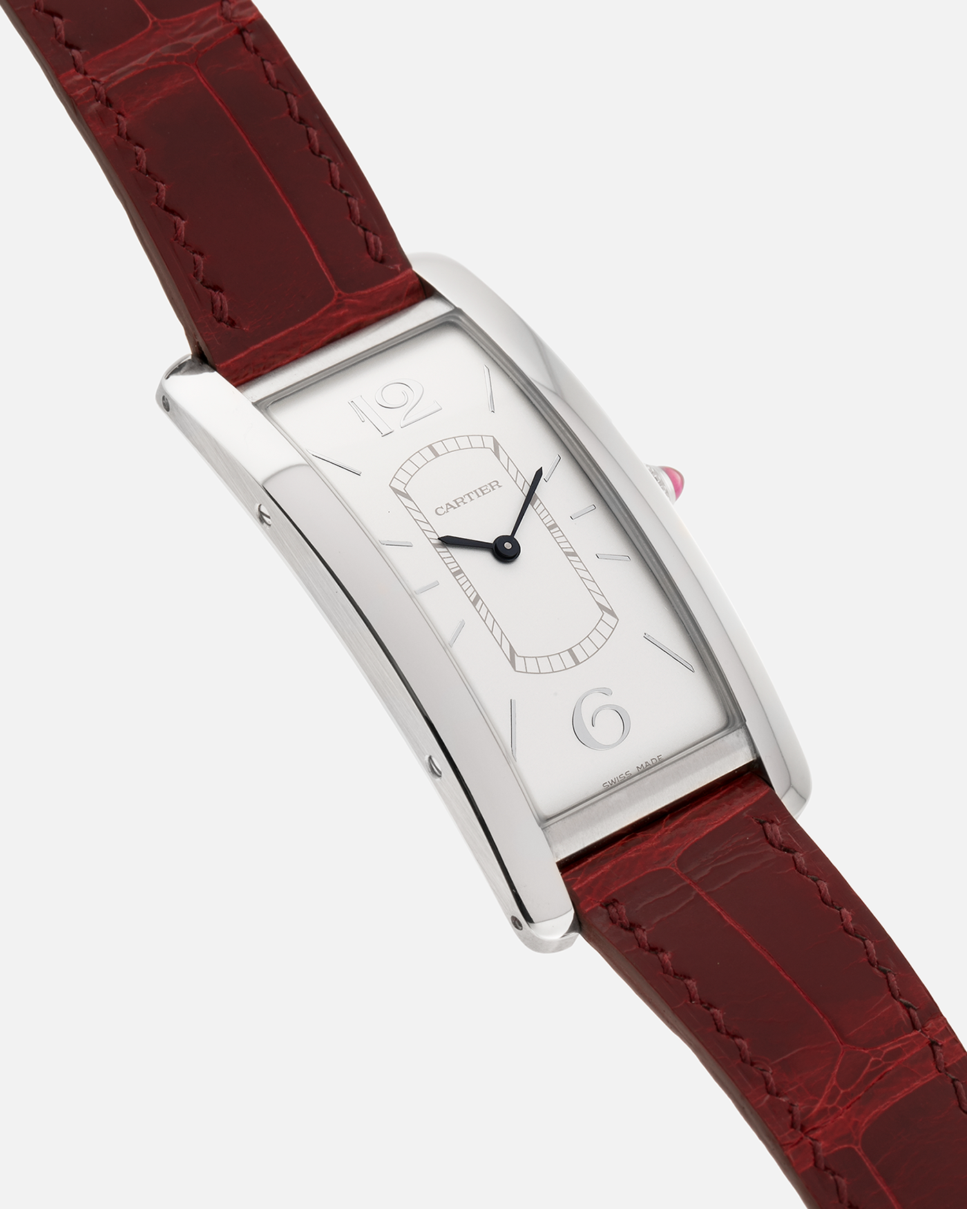 Brand: Cartier
Year: 2018
Model: Privé Tank Cintrée, Limited Edition of 100 pieces (Platinum Variant)
Reference: WGTA0027
Material: Platinum 950
Movement: Cartier Cal. 8971 MC (Based on JLC Cal. 846), Manual-Winding
Case Diameter: 46.3mm x 23 mm (7.1mm Thick)
Lug Width: 16mm
Strap: Cartier Semi-Matt Grey Alligator Leather Strap with Signed Platinum Tang Buckle, Unbranded, Custom Order Red Alligator Strap