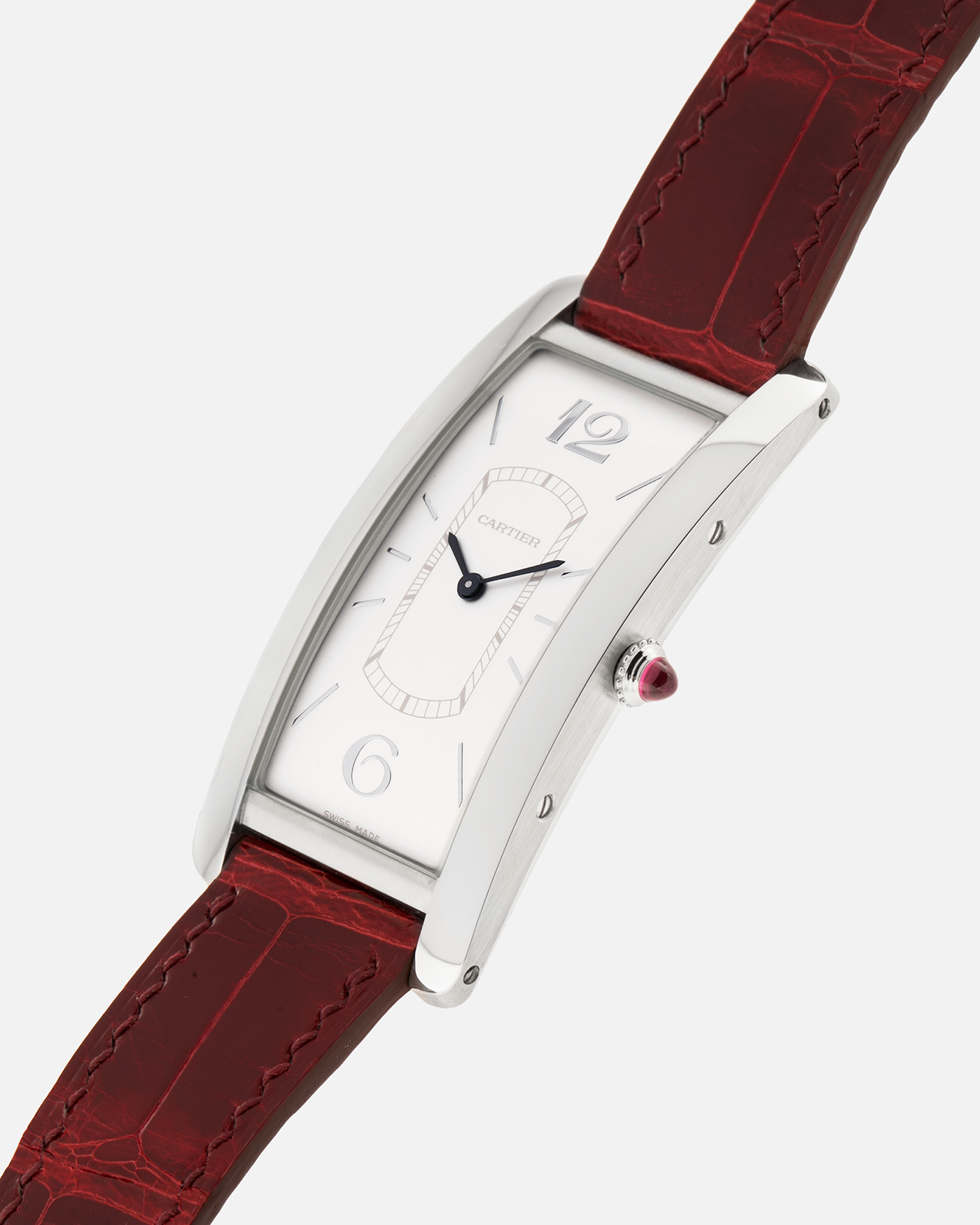 Brand: Cartier
Year: 2018
Model: Privé Tank Cintrée, Limited Edition of 100 pieces (Platinum Variant)
Reference: WGTA0027
Material: Platinum 950
Movement: Cartier Cal. 8971 MC (Based on JLC Cal. 846), Manual-Winding
Case Diameter: 46.3mm x 23 mm (7.1mm Thick)
Lug Width: 16mm
Strap: Cartier Semi-Matt Grey Alligator Leather Strap with Signed Platinum Tang Buckle, Unbranded, Custom Order Red Alligator Strap