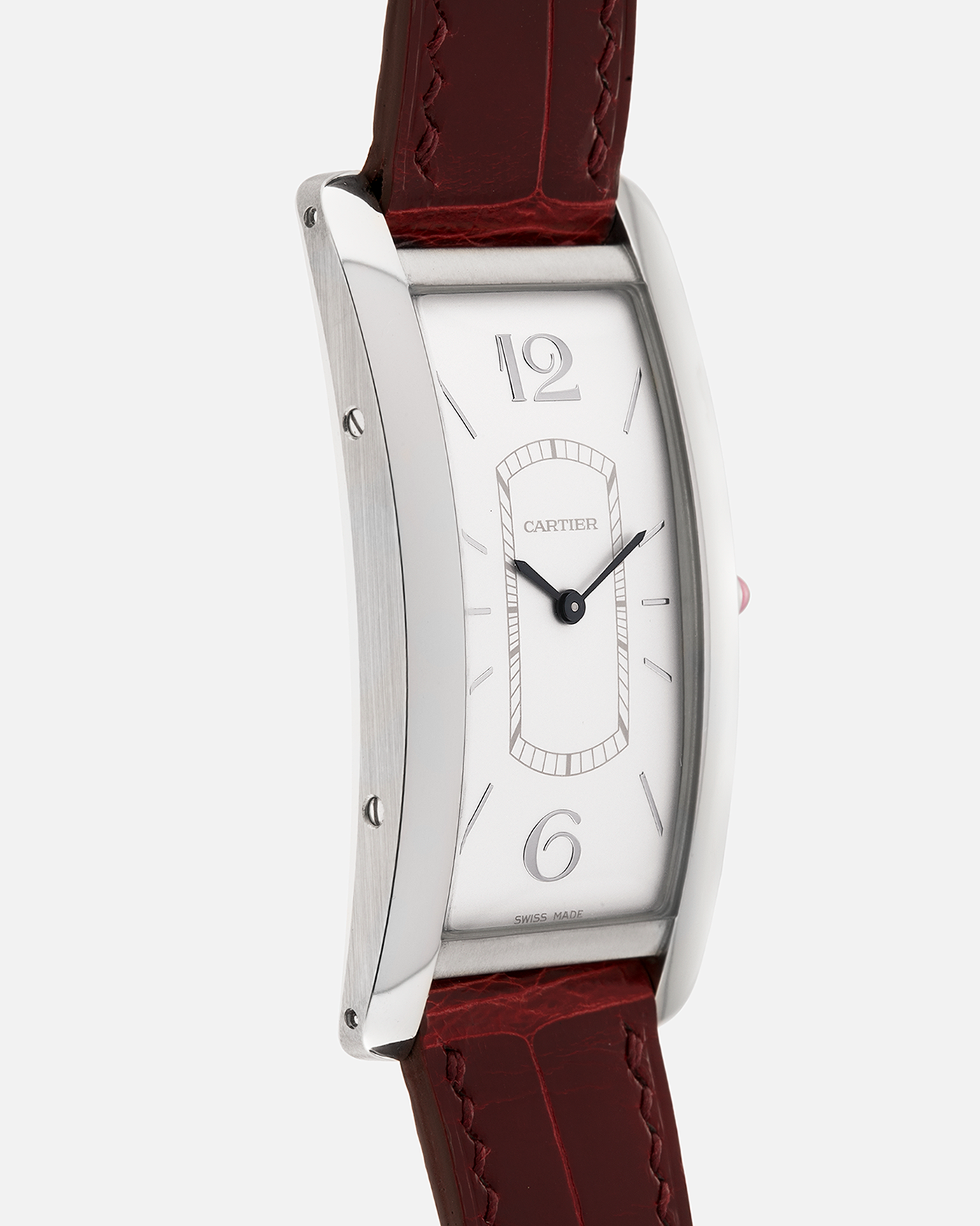 Brand: Cartier
Year: 2018
Model: Privé Tank Cintrée, Limited Edition of 100 pieces (Platinum Variant)
Reference: WGTA0027
Material: Platinum 950
Movement: Cartier Cal. 8971 MC (Based on JLC Cal. 846), Manual-Winding
Case Diameter: 46.3mm x 23 mm (7.1mm Thick)
Lug Width: 16mm
Strap: Cartier Semi-Matt Grey Alligator Leather Strap with Signed Platinum Tang Buckle, Unbranded, Custom Order Red Alligator Strap