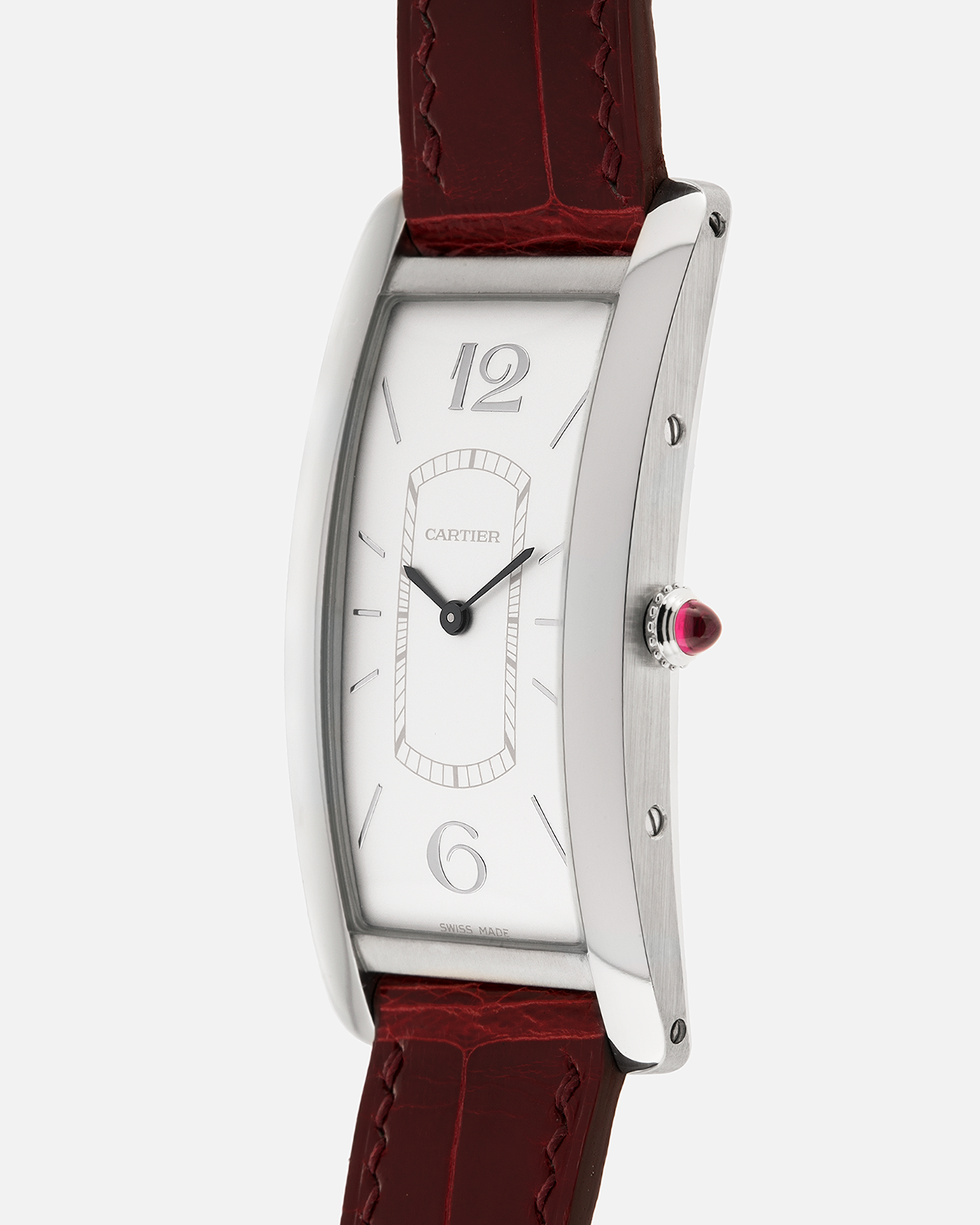 Brand: Cartier
Year: 2018
Model: Privé Tank Cintrée, Limited Edition of 100 pieces (Platinum Variant)
Reference: WGTA0027
Material: Platinum 950
Movement: Cartier Cal. 8971 MC (Based on JLC Cal. 846), Manual-Winding
Case Diameter: 46.3mm x 23 mm (7.1mm Thick)
Lug Width: 16mm
Strap: Cartier Semi-Matt Grey Alligator Leather Strap with Signed Platinum Tang Buckle, Unbranded, Custom Order Red Alligator Strap