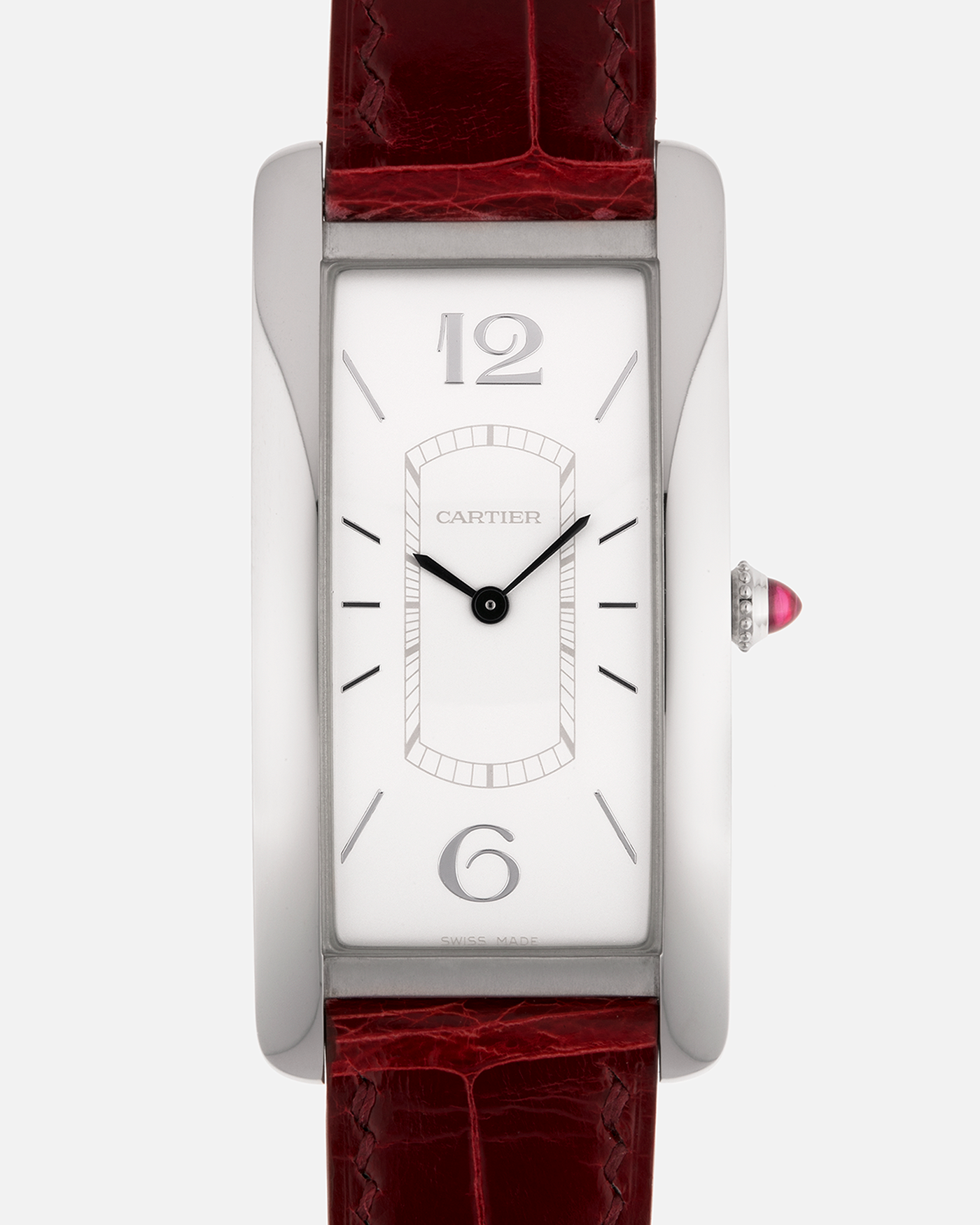 Brand: Cartier
Year: 2018
Model: Privé Tank Cintrée, Limited Edition of 100 pieces (Platinum Variant)
Reference: WGTA0027
Material: Platinum 950
Movement: Cartier Cal. 8971 MC (Based on JLC Cal. 846), Manual-Winding
Case Diameter: 46.3mm x 23 mm (7.1mm Thick)
Lug Width: 16mm
Strap: Cartier Semi-Matt Grey Alligator Leather Strap with Signed Platinum Tang Buckle, Unbranded, Custom Order Red Alligator Strap