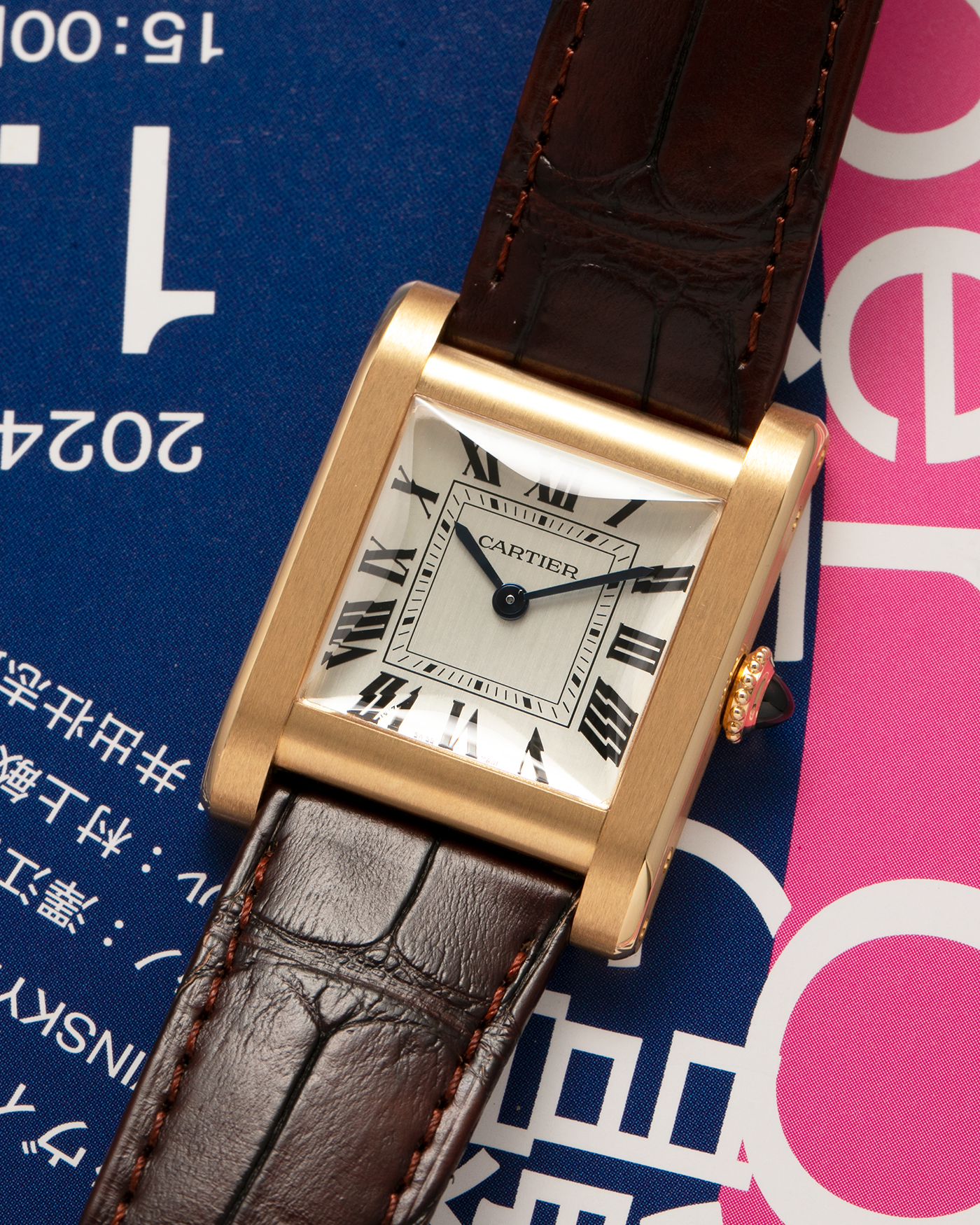 Brand: Cartier
Year: 2024
Model: Privé Tank Normale, Limited to 200 Pieces in this Combination
Reference Number: CRWGTA0108
Material: 18-carat Yellow Gold
Movement: Cartier Cal. 070 MC, Manual-Winding
Case Dimensions: 32.6mm (Lug-to-Lug) x 25.7mm
Lug Width: 19mm
Strap: Cartier Brown Alligator Leather Strap with Signed 18-carat Yellow Gold Tang Buckle