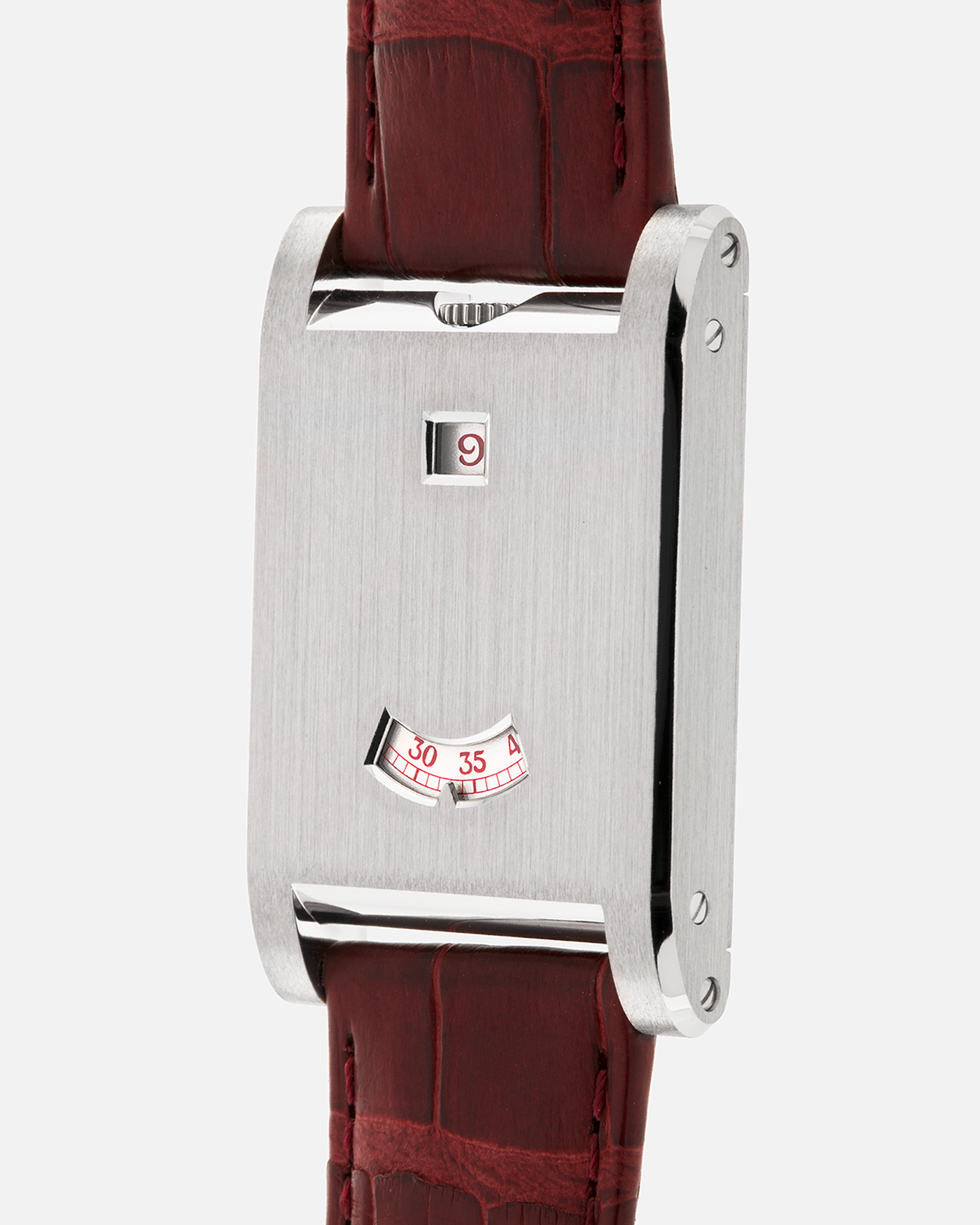 Brand: Cartier
Year: 2026
Model: Privé Tank à Guichets
Reference Number: 4124
Model Number: WGTA0027
Material: Platinum
Movement: Cartier Cal. 9755 MC (Based on Piaget Cal. 430P), Manual-Winding
Case Dimensions: 37.6mm Length 24.8mm Width 6mm Thickness
Lug Width: 18mm
Strap: Cartier Burgundy Alligator Leather Strap with Signed Platinum Tang Buckle