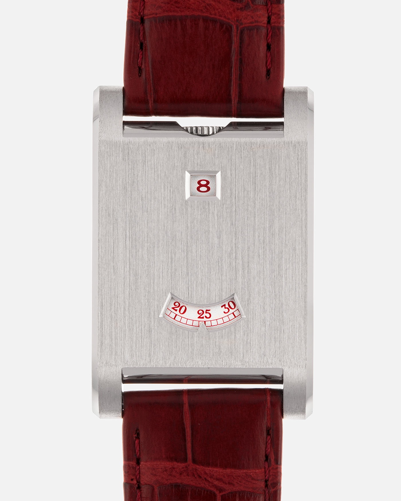 Brand: Cartier
Year: 2026
Model: Privé Tank à Guichets
Reference Number: 4124
Model Number: WGTA0027
Material: Platinum
Movement: Cartier Cal. 9755 MC (Based on Piaget Cal. 430P), Manual-Winding
Case Dimensions: 37.6mm Length 24.8mm Width 6mm Thickness
Lug Width: 18mm
Strap: Cartier Burgundy Alligator Leather Strap with Signed Platinum Tang Buckle