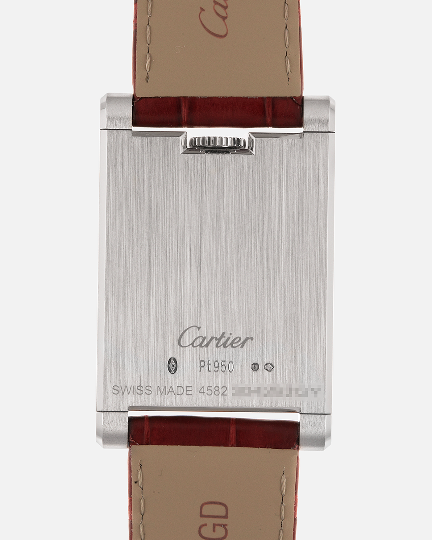 Brand: Cartier
Year: 2026
Model: Privé Tank à Guichets
Reference Number: 4124
Model Number: WGTA0027
Material: Platinum
Movement: Cartier Cal. 9755 MC (Based on Piaget Cal. 430P), Manual-Winding
Case Dimensions: 37.6mm Length 24.8mm Width 6mm Thickness
Lug Width: 18mm
Strap: Cartier Burgundy Alligator Leather Strap with Signed Platinum Tang Buckle