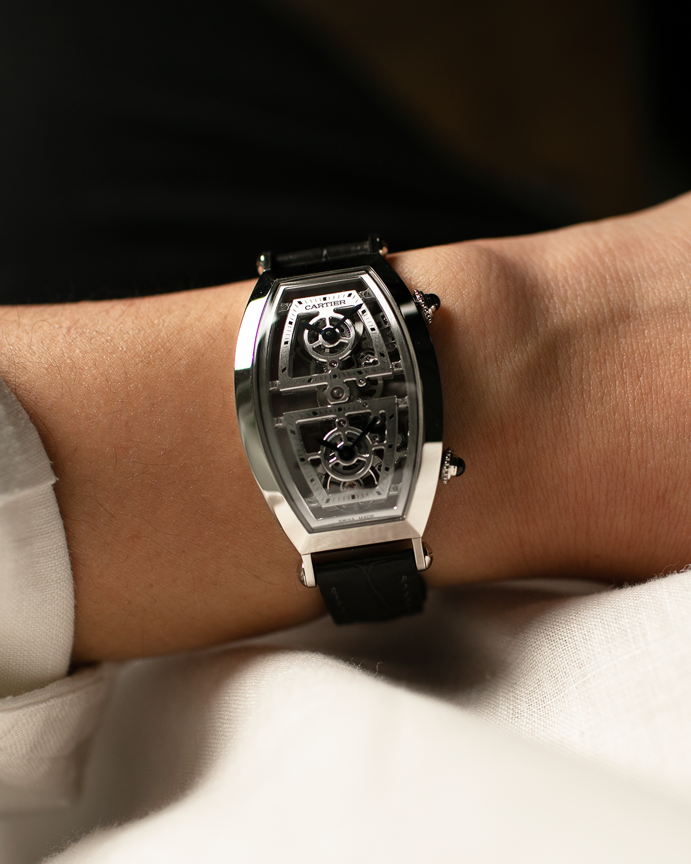 Cartier Priv Tonneau Skeleton Dual Time Platinum Watch S.Song