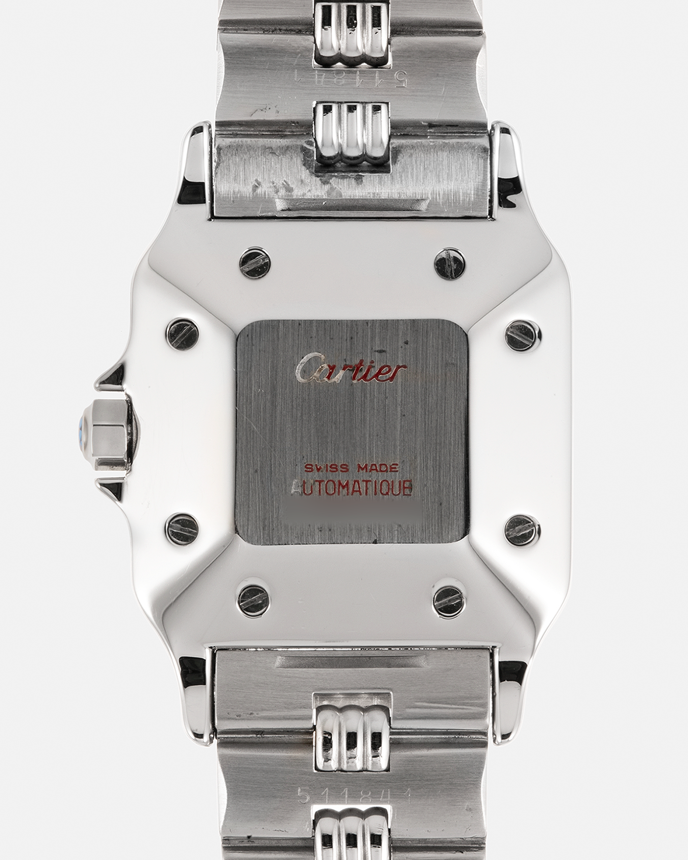 Brand: Cartier Year: 1980s Model: Santos ‘Carrée’ Reference: 2960 Material: Stainless Steel Movement: Cartier Cal. 077 (ETA Cal. 3671 Based), Self-Winding Case Dimensions: 29mm x 40.5mm Lug Width: 18mm Strap: Cartier Stainless Steel Godron ‘541811’ Bracelet with Signed Clasp