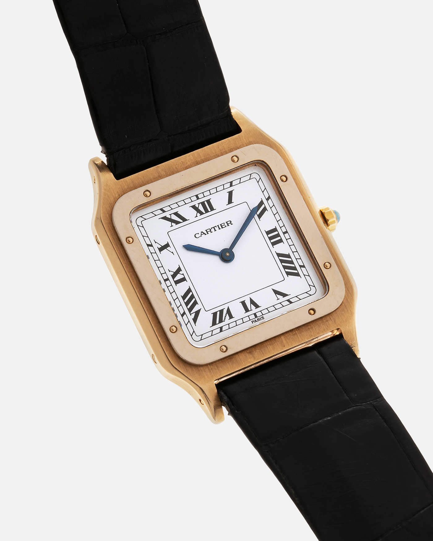 Brand: Cartier Year: 1980s Model: Santos Dumont Reference: 1575 Material: 18-carat Yellow Gold Movement: Frédéric Piguet based Cal. 021 MC, Manual-Winding Case Diameter: 27mm x 36mm Strap: Cartier Black Leather Strap with Signed 18-carat Yellow Gold Tang Buckle