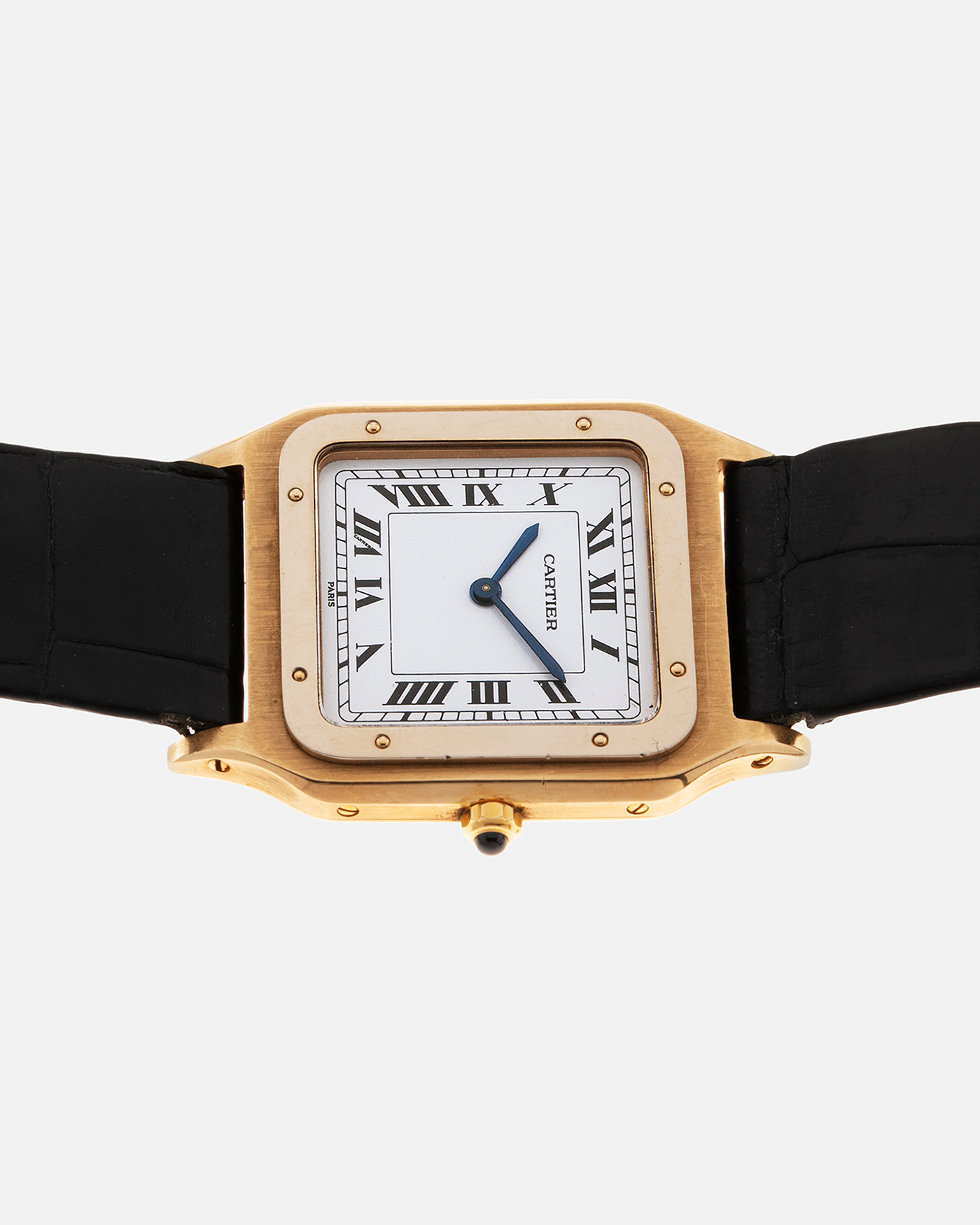 Brand: Cartier Year: 1980s Model: Santos Dumont Reference: 1575 Material: 18-carat Yellow Gold Movement: Frédéric Piguet based Cal. 021 MC, Manual-Winding Case Diameter: 27mm x 36mm Strap: Cartier Black Leather Strap with Signed 18-carat Yellow Gold Tang Buckle