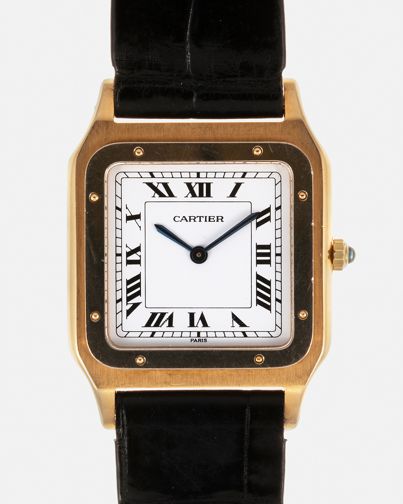 Brand: Cartier Year: 1980s Model: Santos Dumont Reference: 1575 Material: 18-carat Yellow Gold Movement: Frédéric Piguet based Cal. 021 MC, Manual-Winding Case Diameter: 27mm x 36mm Strap: Cartier Black Leather Strap with Signed 18-carat Yellow Gold Tang Buckle