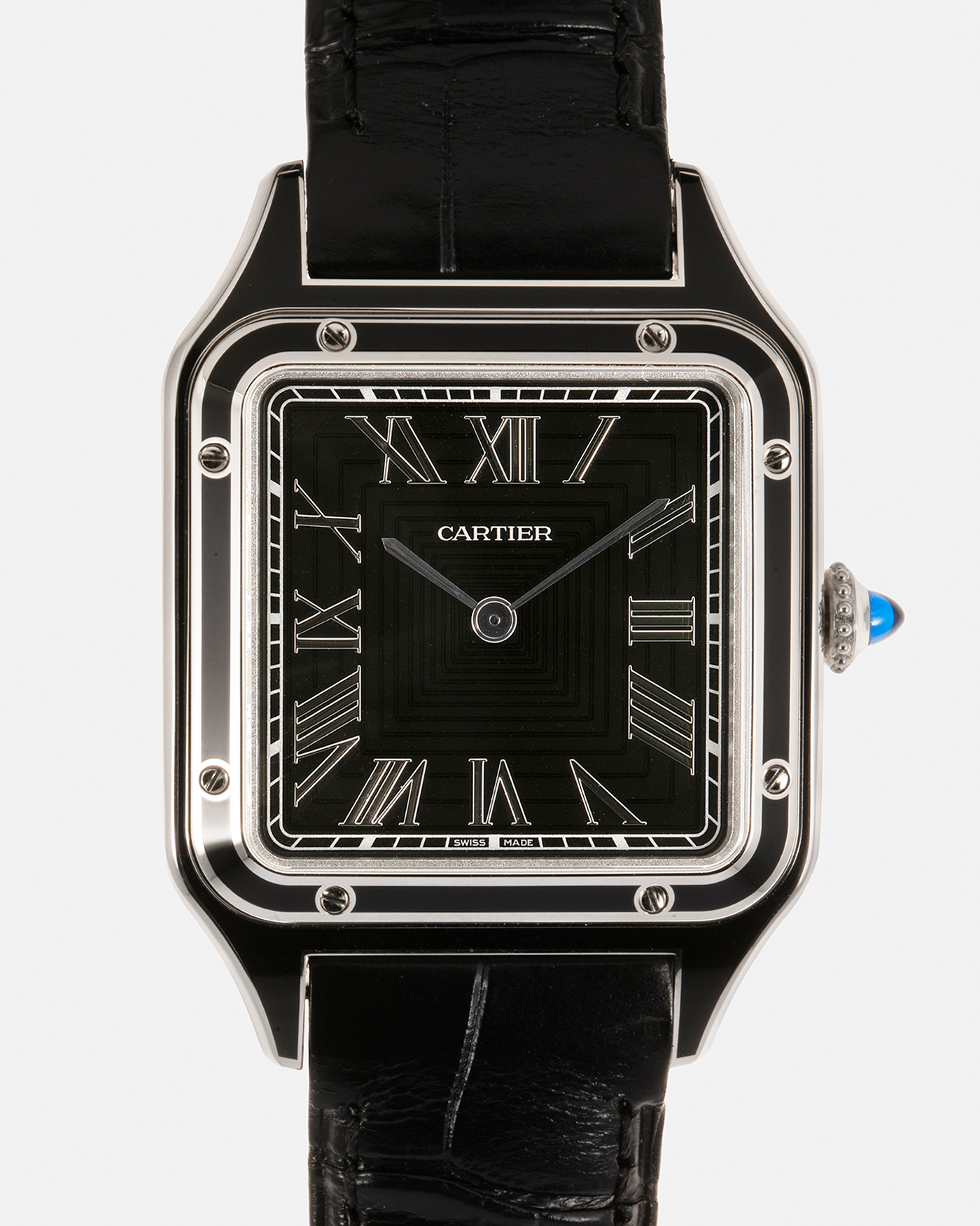 Brand: Cartier Year: 2023 Model: Santos-Dumont Large Reference: CRWSSA0046 Material: Stainless Steel, Black Lacquer Movement: Cartier Cal. 430 MC, Manual-Winding Case Diameter: 43.5mm x 31.4mm Strap: Cartier Black Alligator Leather Strap with Signed Stainless Steel Tang Buckle